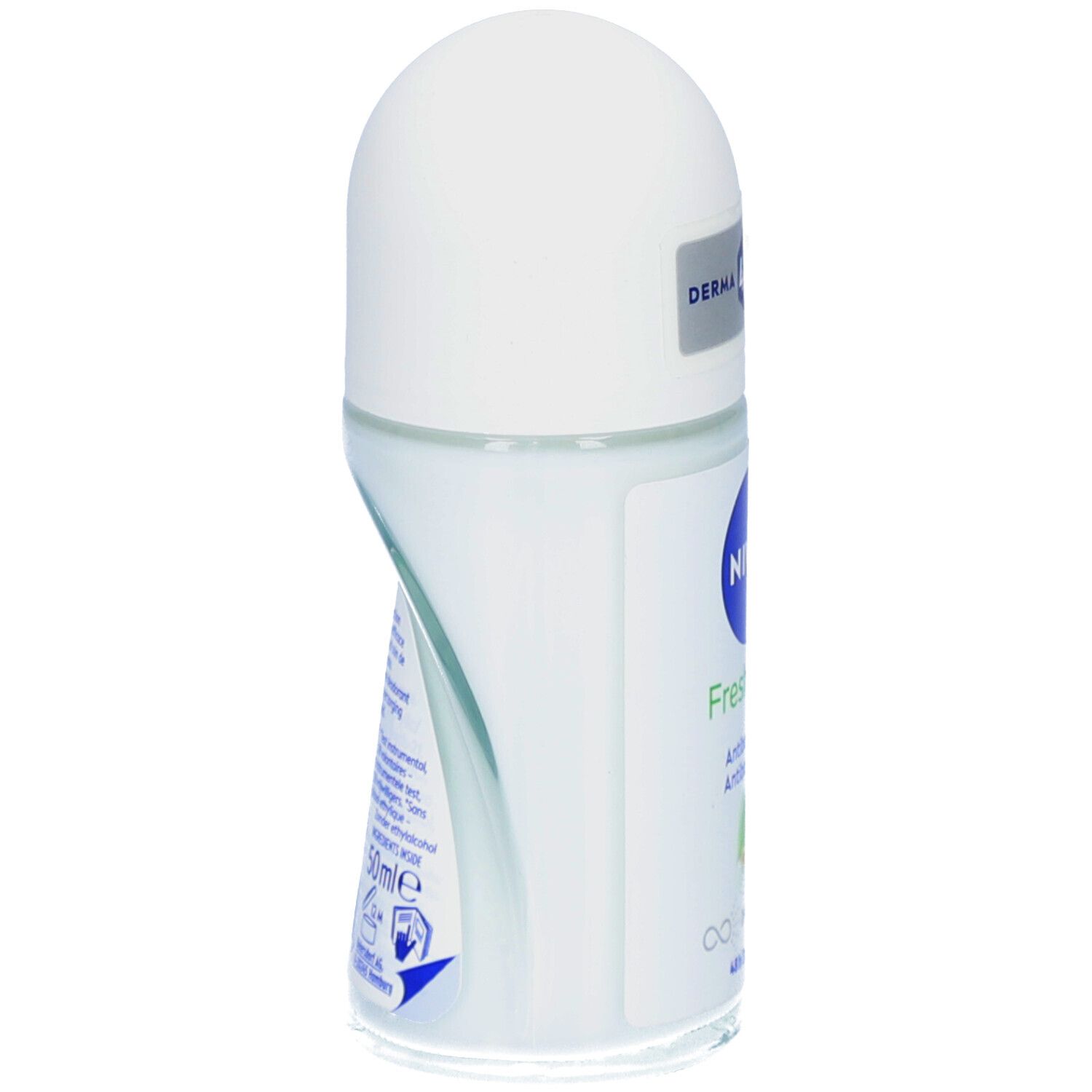 Roll-on NIVEA® Fresh Pure, vue latérale. Bouchon blanc, flacon transparent. Code-barres et texte sur le côté.
