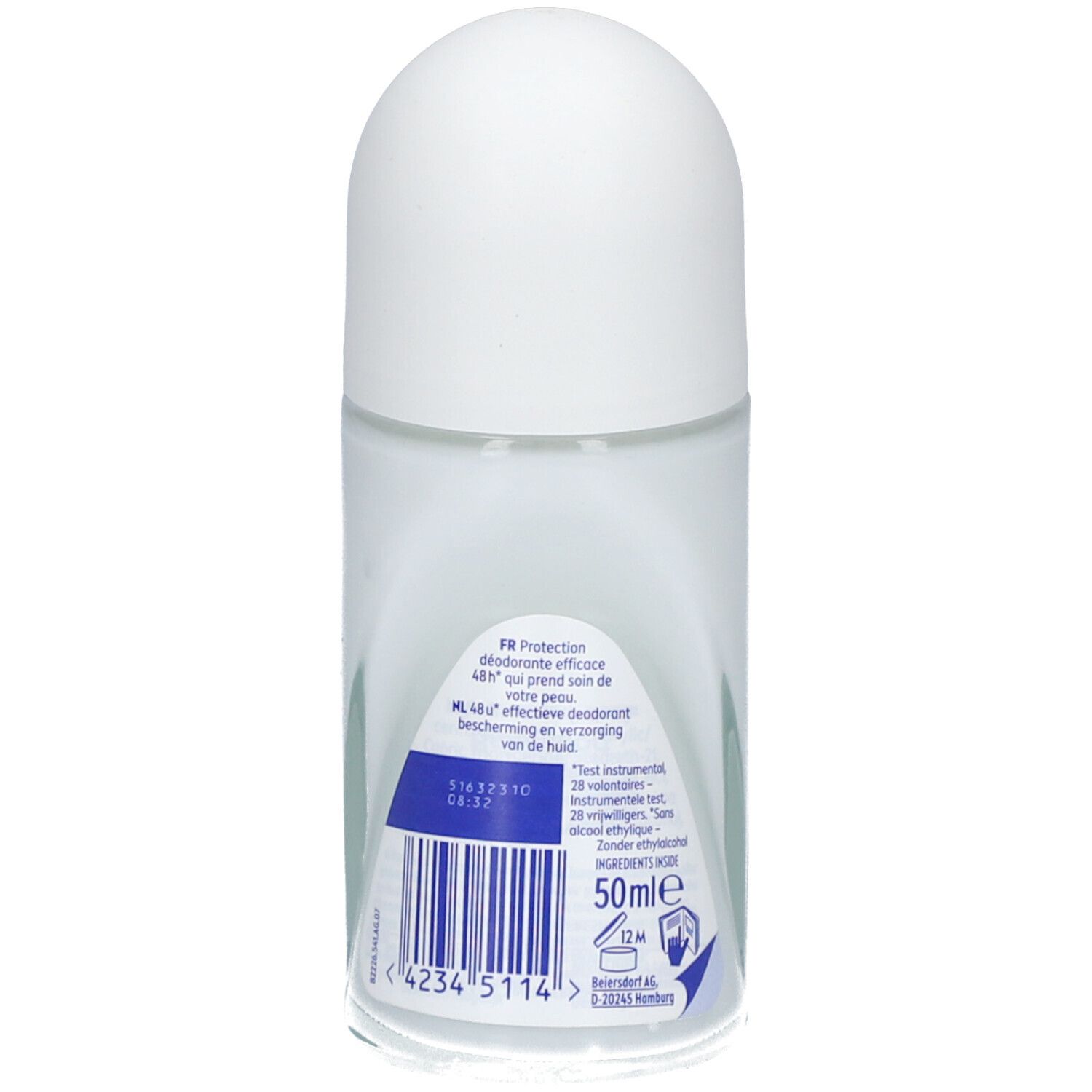 Roll-on NIVEA® Fresh Pure, vue arrière. Flacon transparent avec ingrédients et indication 50ml. Code-barres.