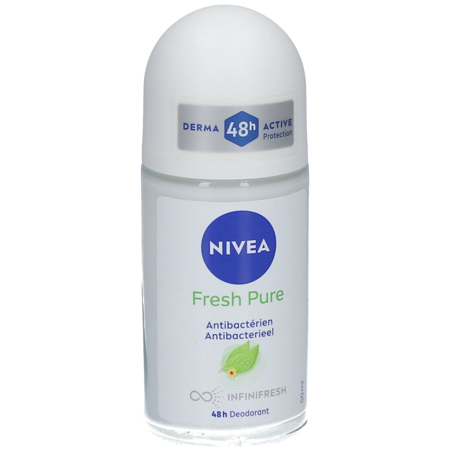 Roll-on NIVEA® Fresh Pure. Bouchon blanc, flacon transparent. Logo, texte: Antibactérien, 48h Déodorant.