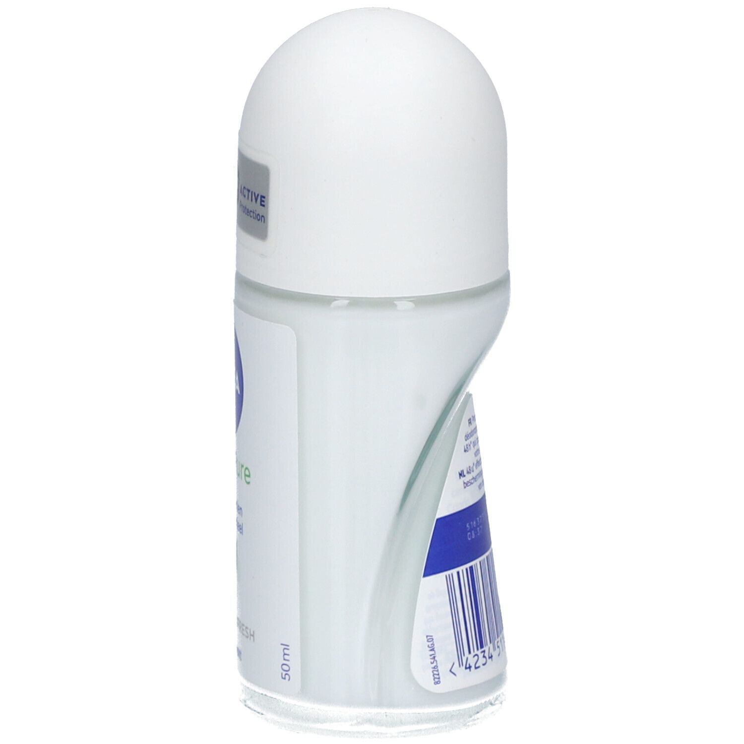 Roll-on NIVEA® Fresh Pure, vue latérale. Bouchon blanc, flacon transparent. Indication 50ml et code-barres.