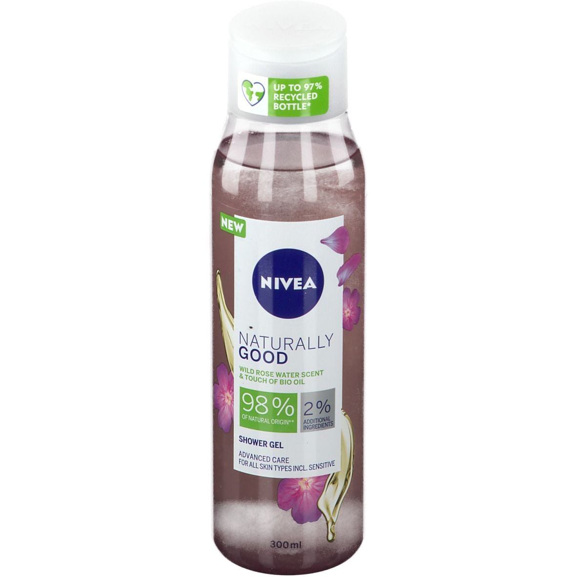 Gel douche en bouteille transparente avec bouchon blanc. Étiquette avec informations produit et éléments floraux.
