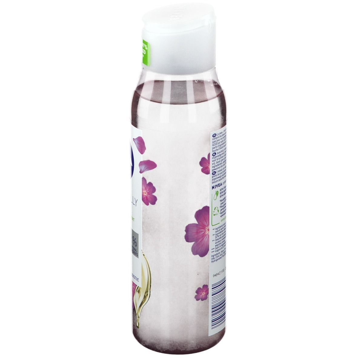 Bouteille de gel douche, vue latérale. Bouteille transparente avec bouchon blanc. Étiquette avec éléments floraux.
