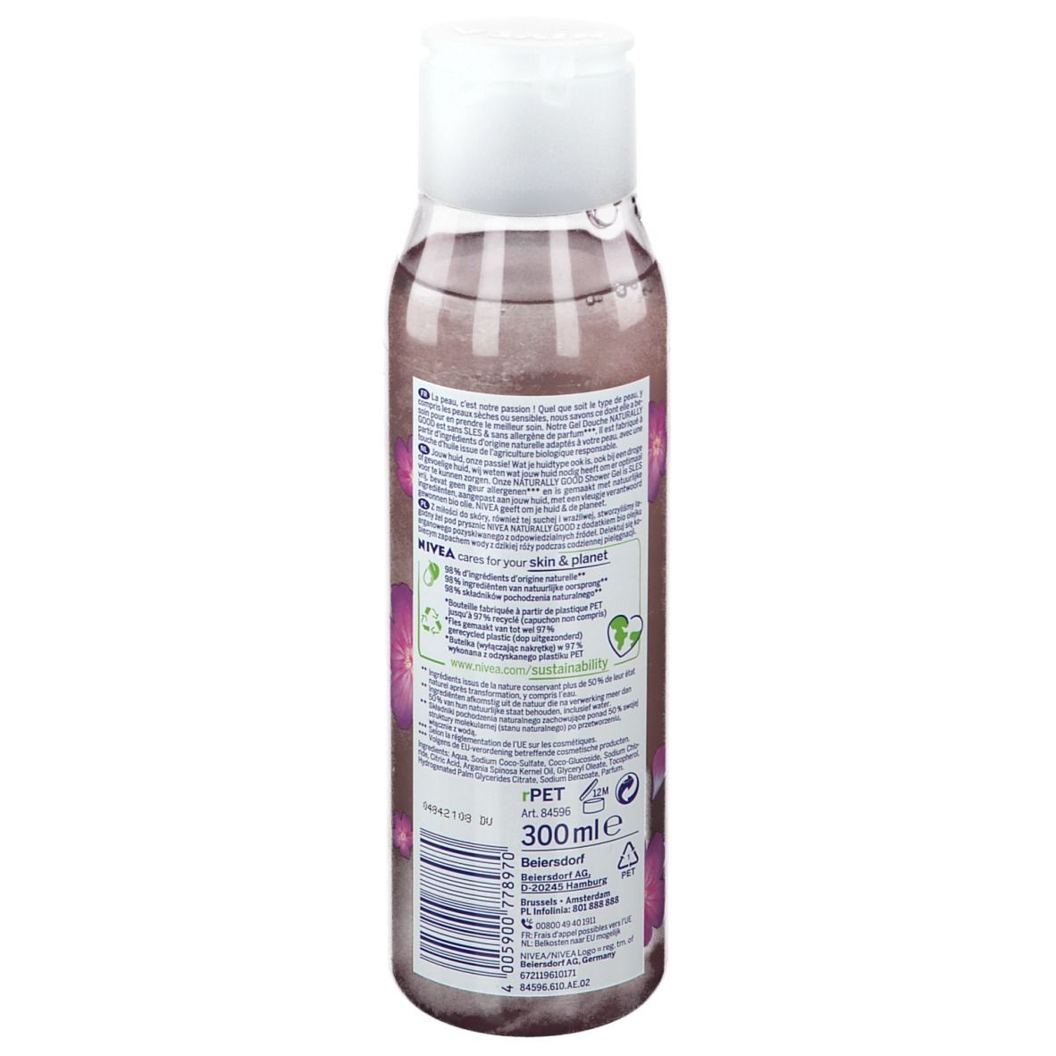 Vue arrière de la bouteille de gel douche. Étiquette avec informations produit, ingrédients et logo de recyclage.