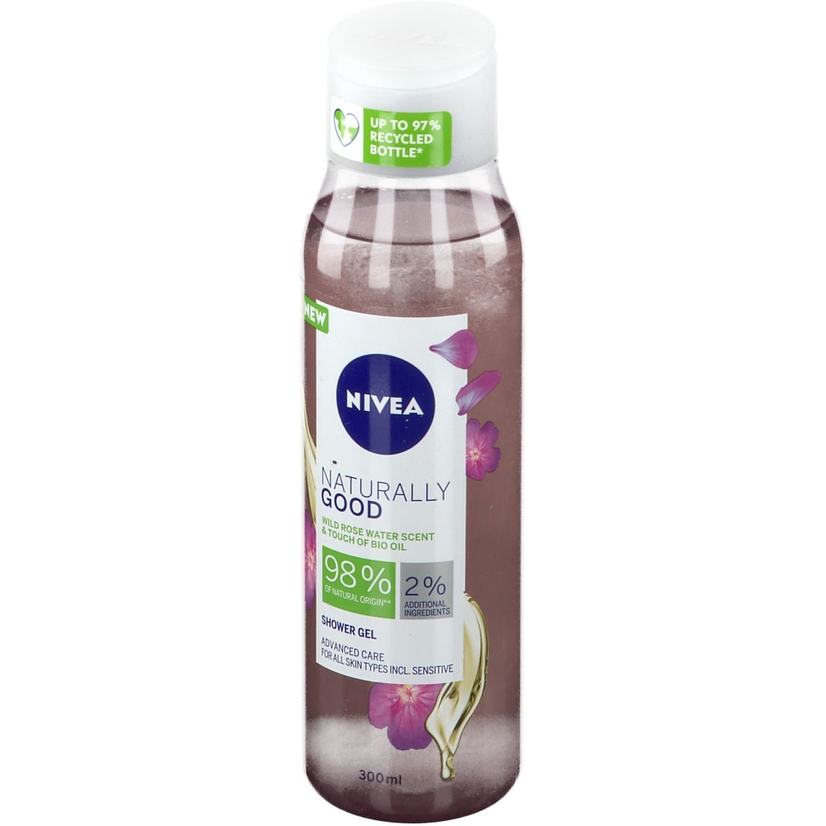 Gel douche en bouteille transparente avec bouchon blanc. Étiquette avec informations produit et éléments floraux.
