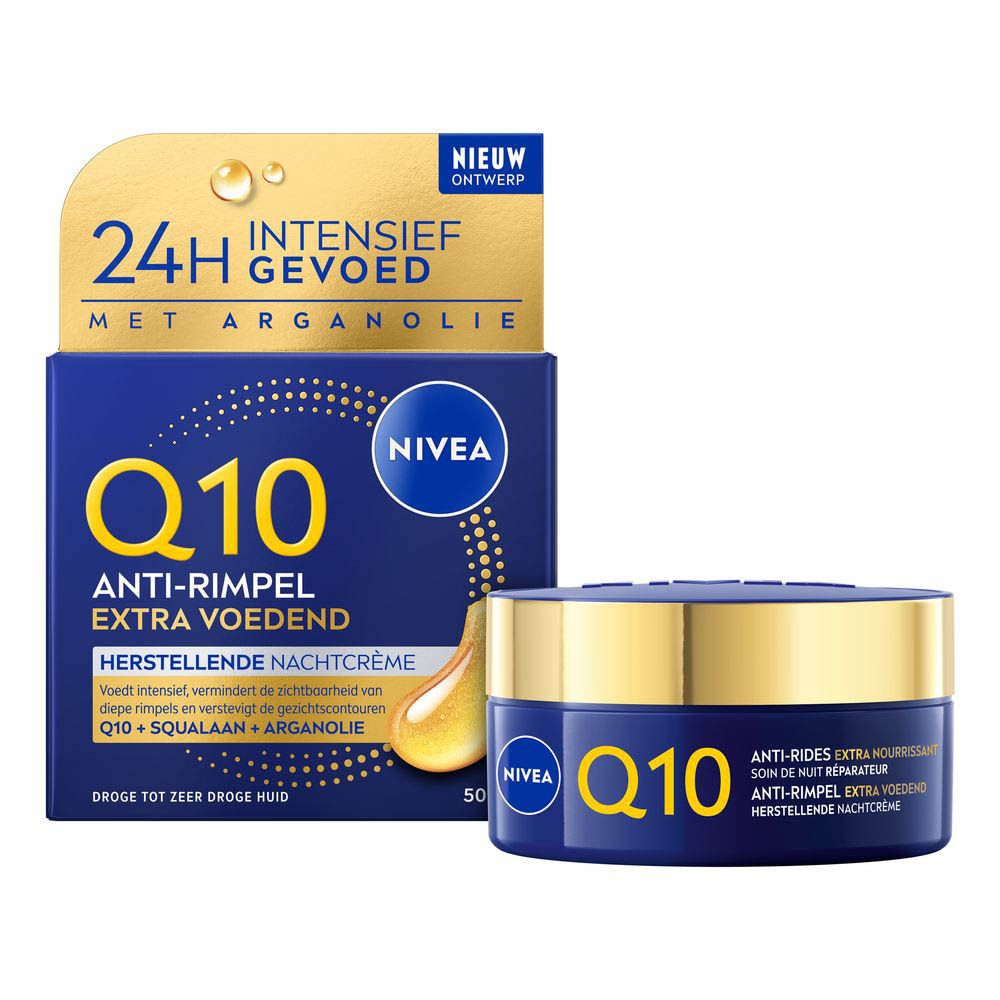 NIVEA Q10 Crème de nuit anti-rides dans un pot bleu foncé avec un couvercle doré.