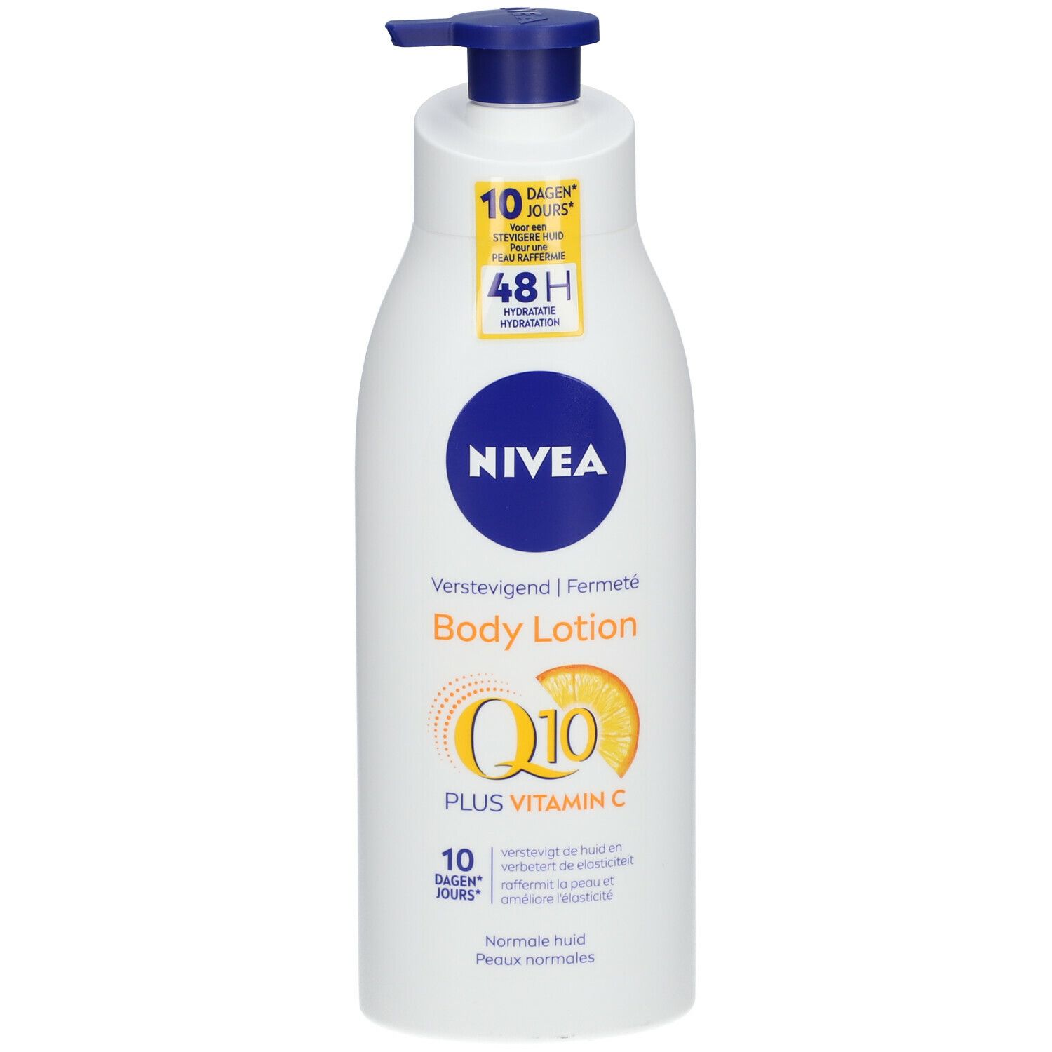 Flacon blanc avec pompe bleue. Inscription NIVEA, Body Lotion, Q10 + Vitamine C. Hydratation 48H. Pour peaux normales.