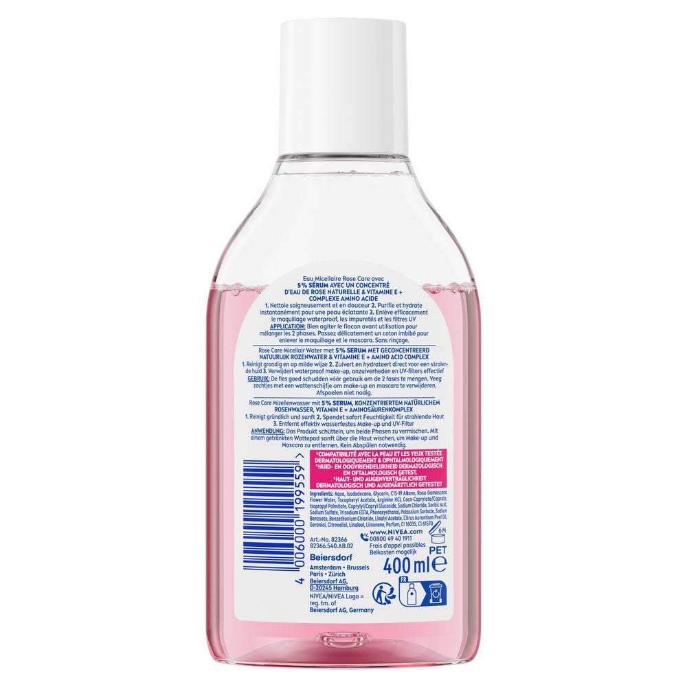 Arrière d'une bouteille d'eau micellaire NIVEA Rose Care avec instructions d'utilisation.