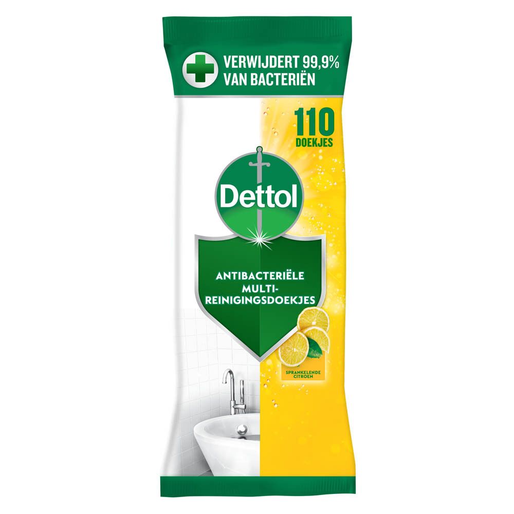Paquet de lingettes nettoyantes Dettol. Lingettes antibactériennes. 110 lingettes. Emballage jaune et vert. Citron.