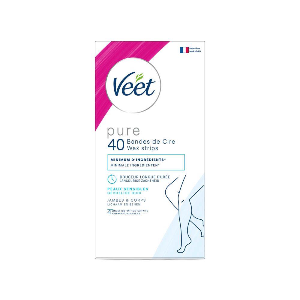 Boîte Veet Pure. 40 bandes de cire. Ingrédients minimaux. Pour corps et jambes. Hypoallergénique.