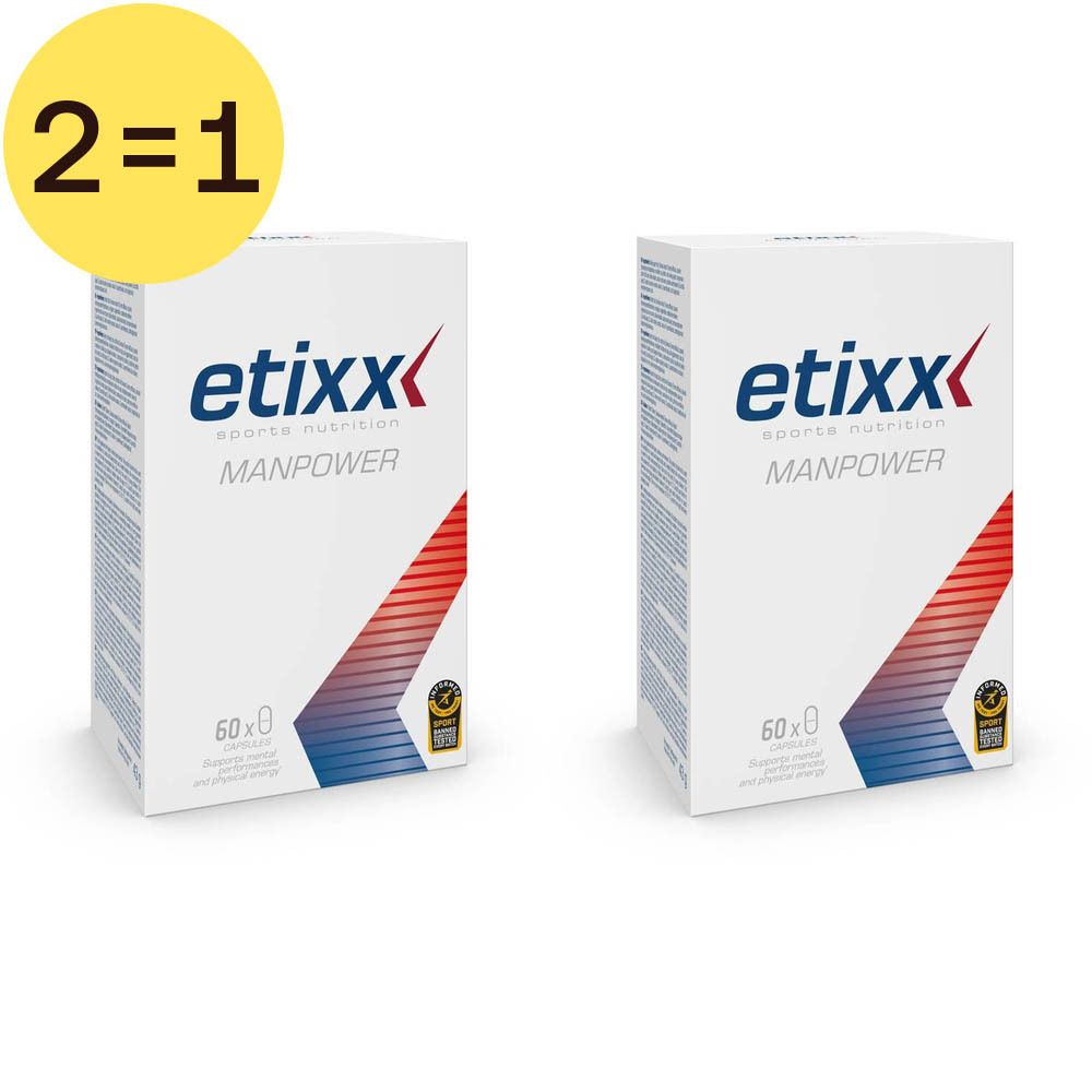 Deux boîtes blanches Etixx MANPOWER avec graphisme rouge et bleu. Inscription "2=1".