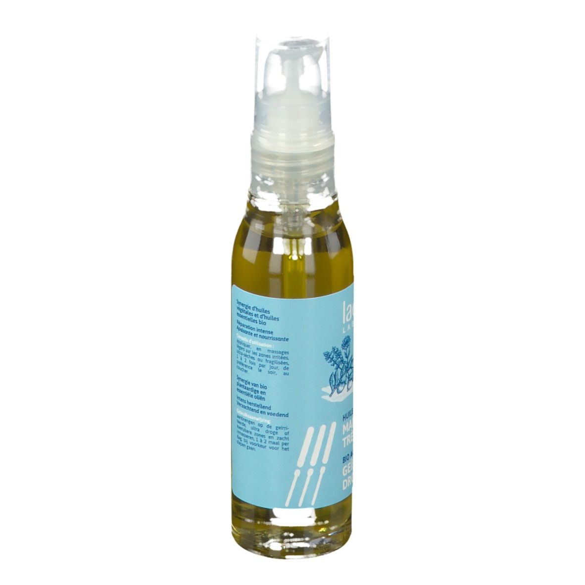 Flacon d'huile avec étiquette bleu clair. Texte et logo. Certification bio. Pompe. Liquide clair.