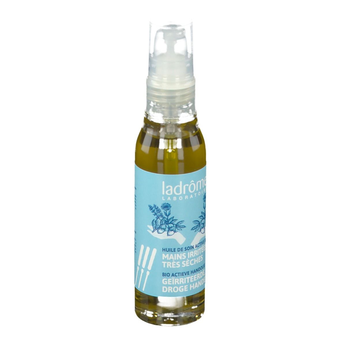 Flacon d'huile avec étiquette bleu clair. Texte: Huile de soin active bio. Pour mains sèches et irritées. Pompe.