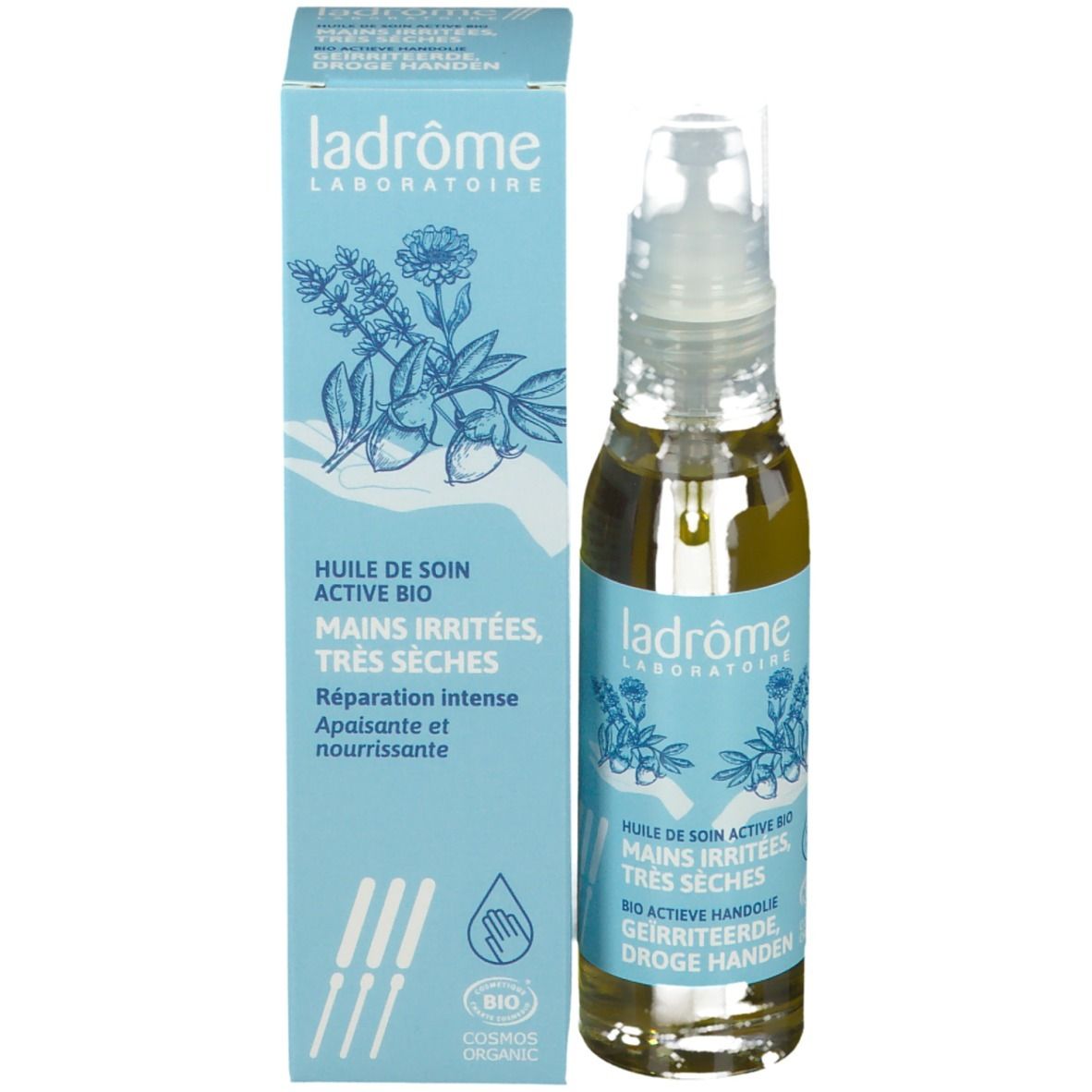 Flacon d'huile et boîte. Design bleu clair. Texte: Huile de soin active bio. Pour mains sèches et irritées. Bio.