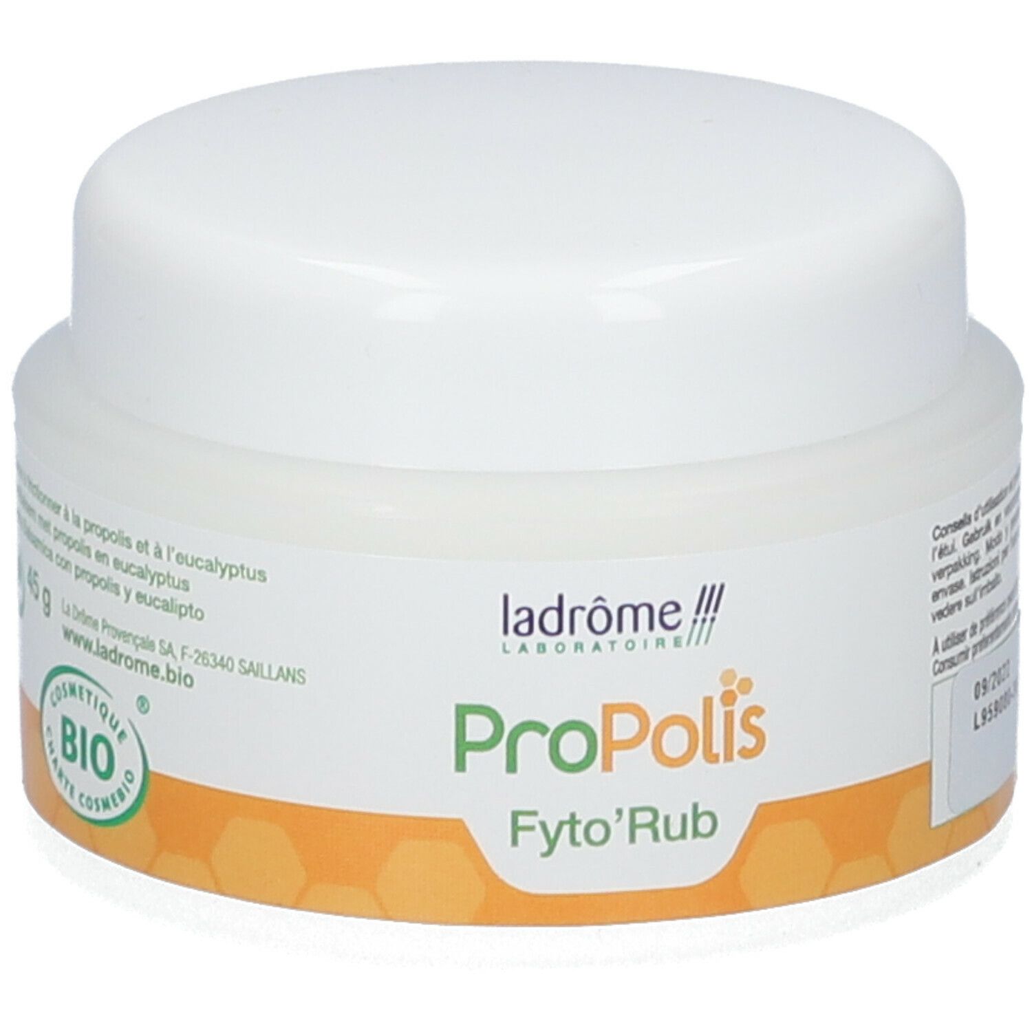 Pot blanc avec couvercle. Étiquette avec nom du produit : Propolis Fyto'Rub. Marque : Ladrôme. Label bio.