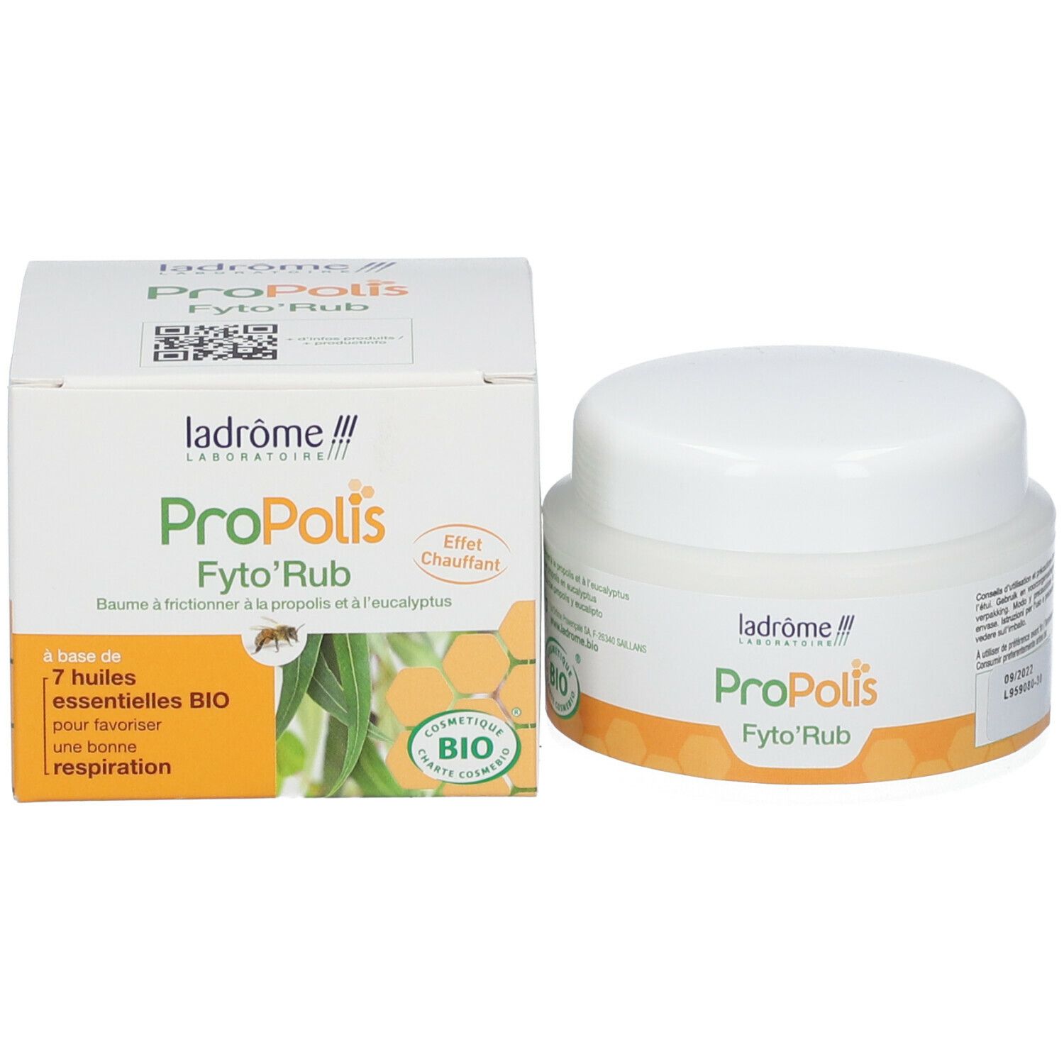 Emballage du produit et pot. Emballage avec nom du produit : Propolis Fyto'Rub. Marque : Ladrôme. Label bio.