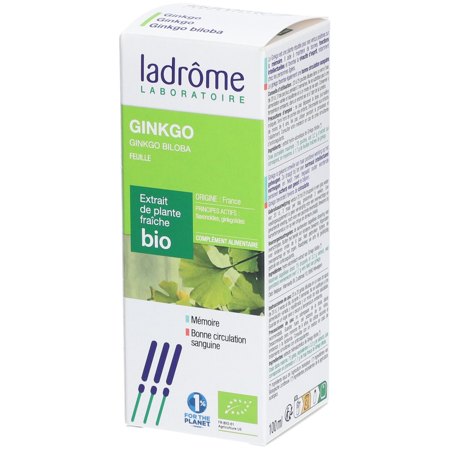 Boîte de Ginkgo. Marque Ladrôme. Certification bio. Inscription : Ginkgo biloba, Extrait de plante fraîche bio.