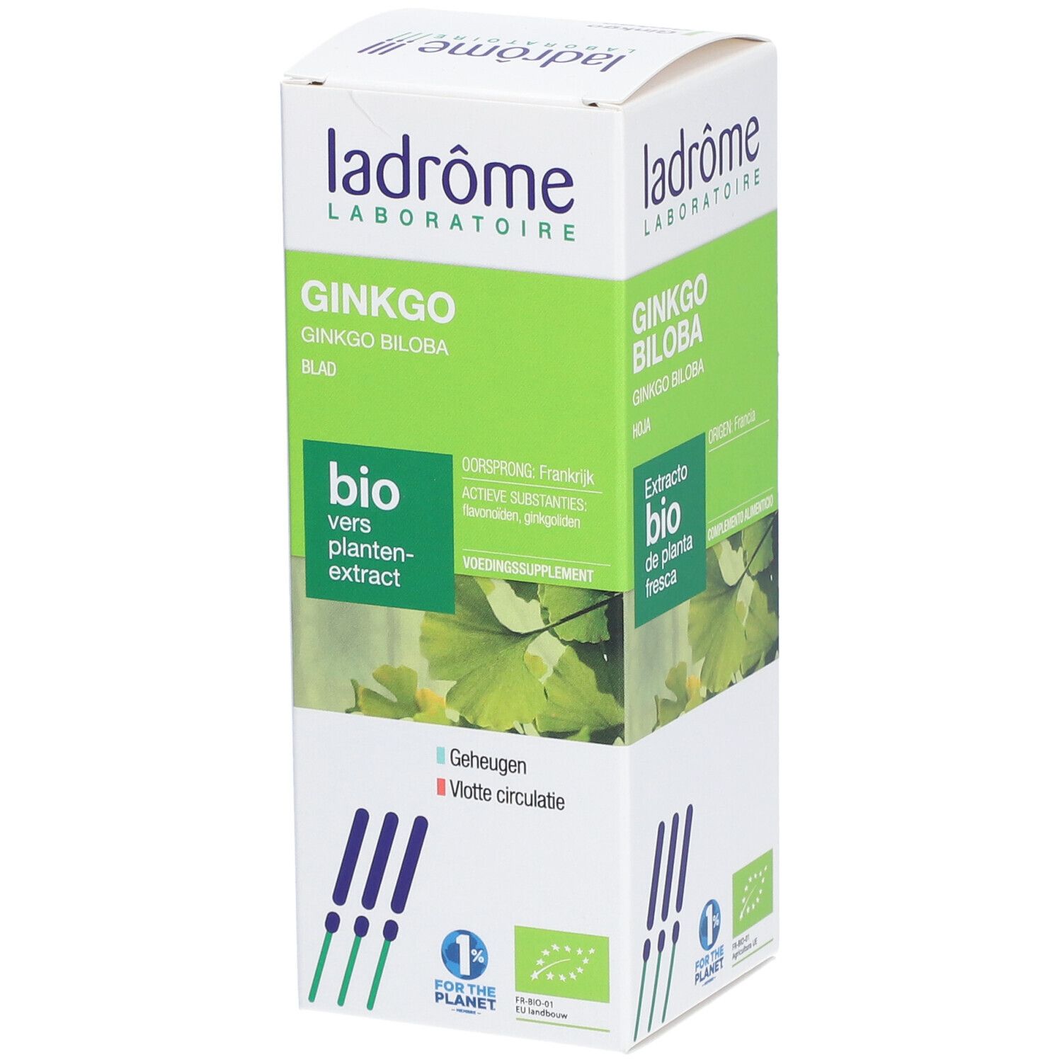 Boîte de Ginkgo. Marque Ladrôme. Certification bio. Inscription : Ginkgo biloba, Extrait de plante fraîche bio.