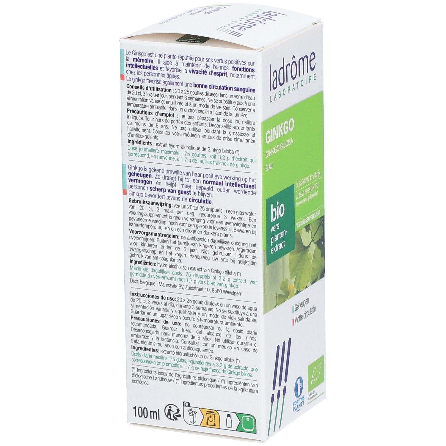 Boîte de Ginkgo. Marque Ladrôme. Certification bio. Inscription : Ginkgo biloba, Extrait de plante fraîche bio.