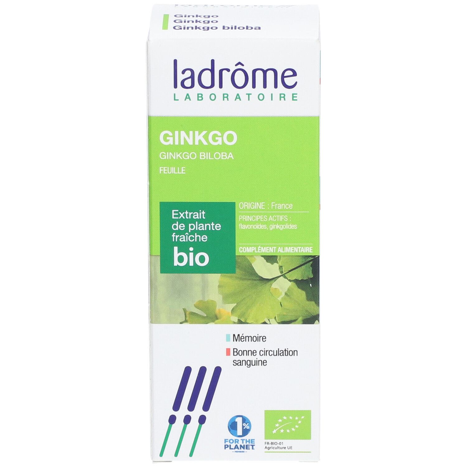 Boîte de Ginkgo. Marque Ladrôme. Certification bio. Inscription : Ginkgo biloba, Extrait de plante fraîche bio.