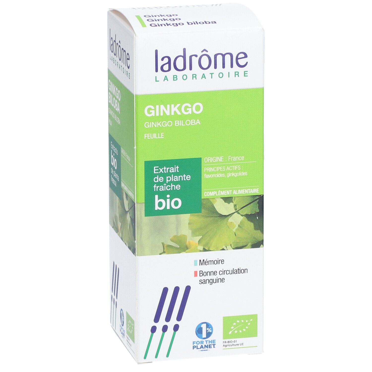 Boîte de Ginkgo. Marque Ladrôme. Certification bio. Inscription : Ginkgo biloba, Extrait de plante fraîche bio.