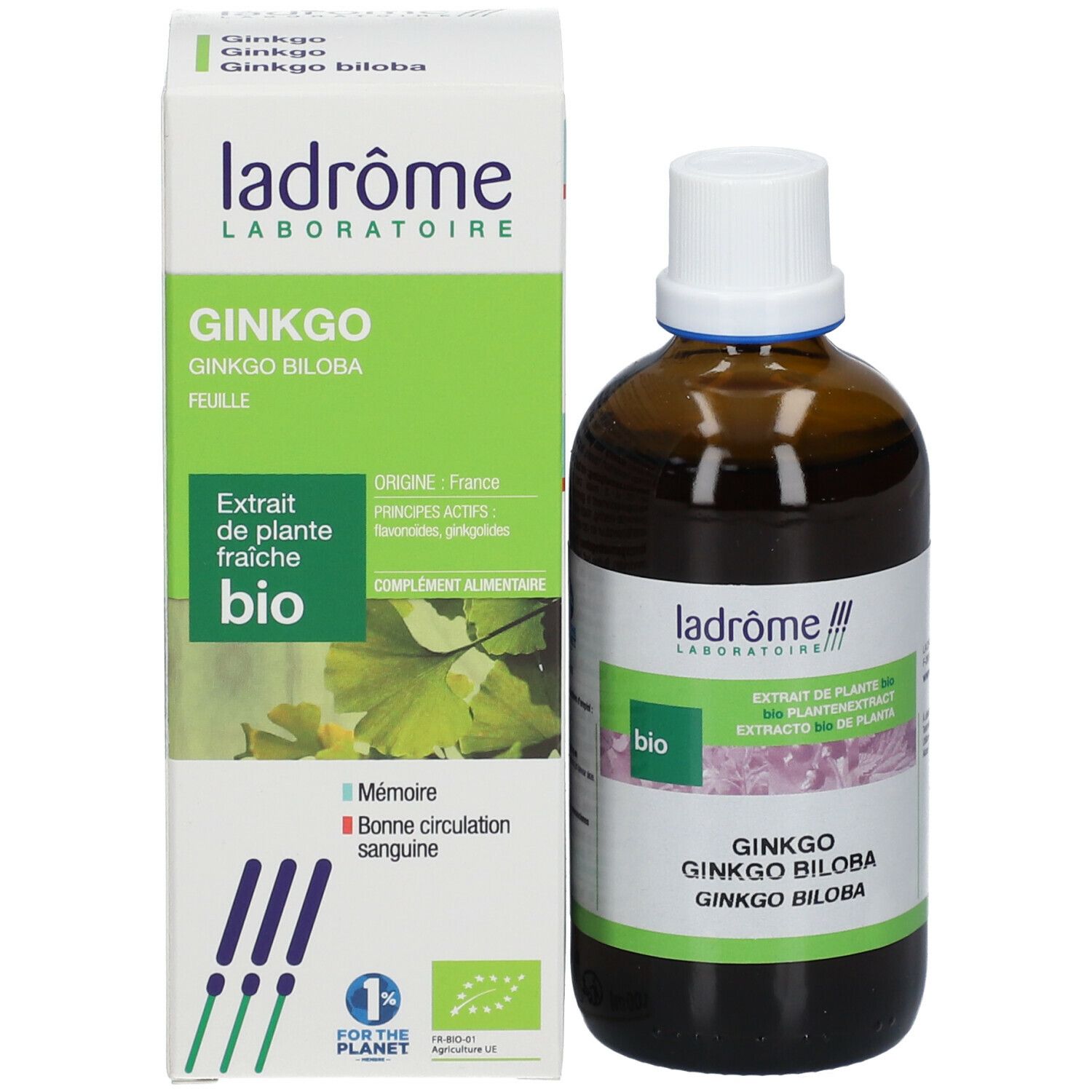Flacon et boîte de Ginkgo. Marque Ladrôme. Certification bio. Inscription : Ginkgo biloba, Extrait de plante fraîche bio.