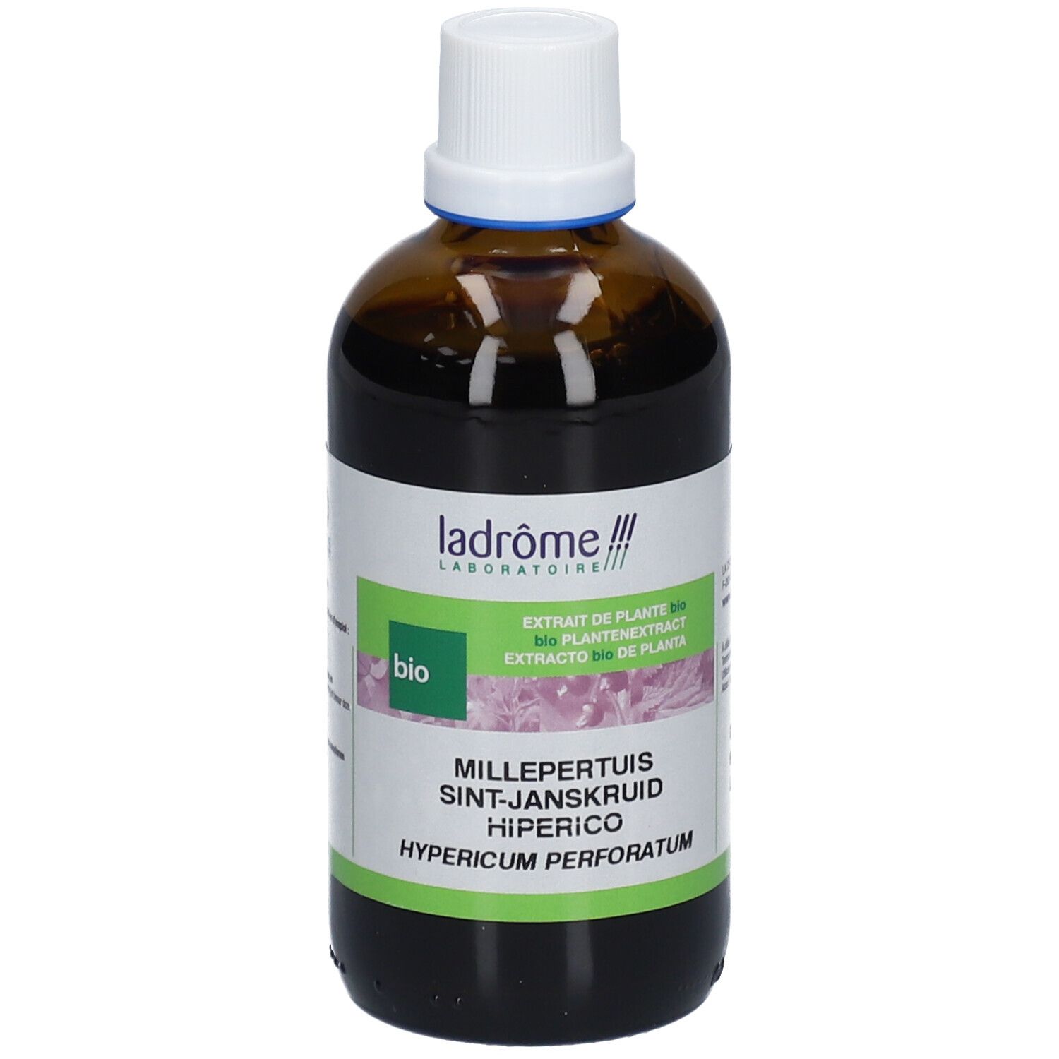 Flacon en verre brun avec bouchon blanc. Étiquette avec nom du produit et label bio. Ladrôme Laboratoire.