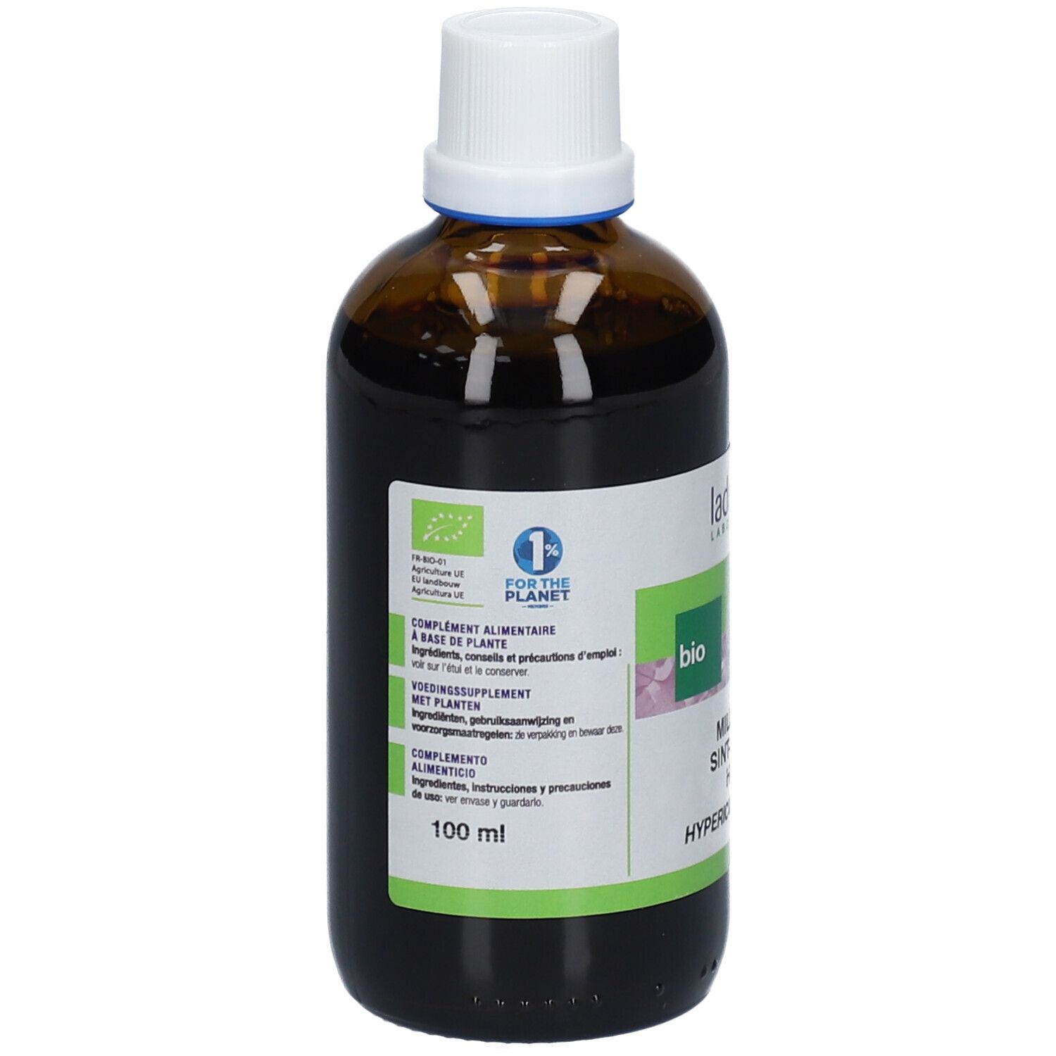 Flacon en verre brun avec bouchon blanc. Étiquette avec nom, label bio et 100 ml. Ladrôme Laboratoire.