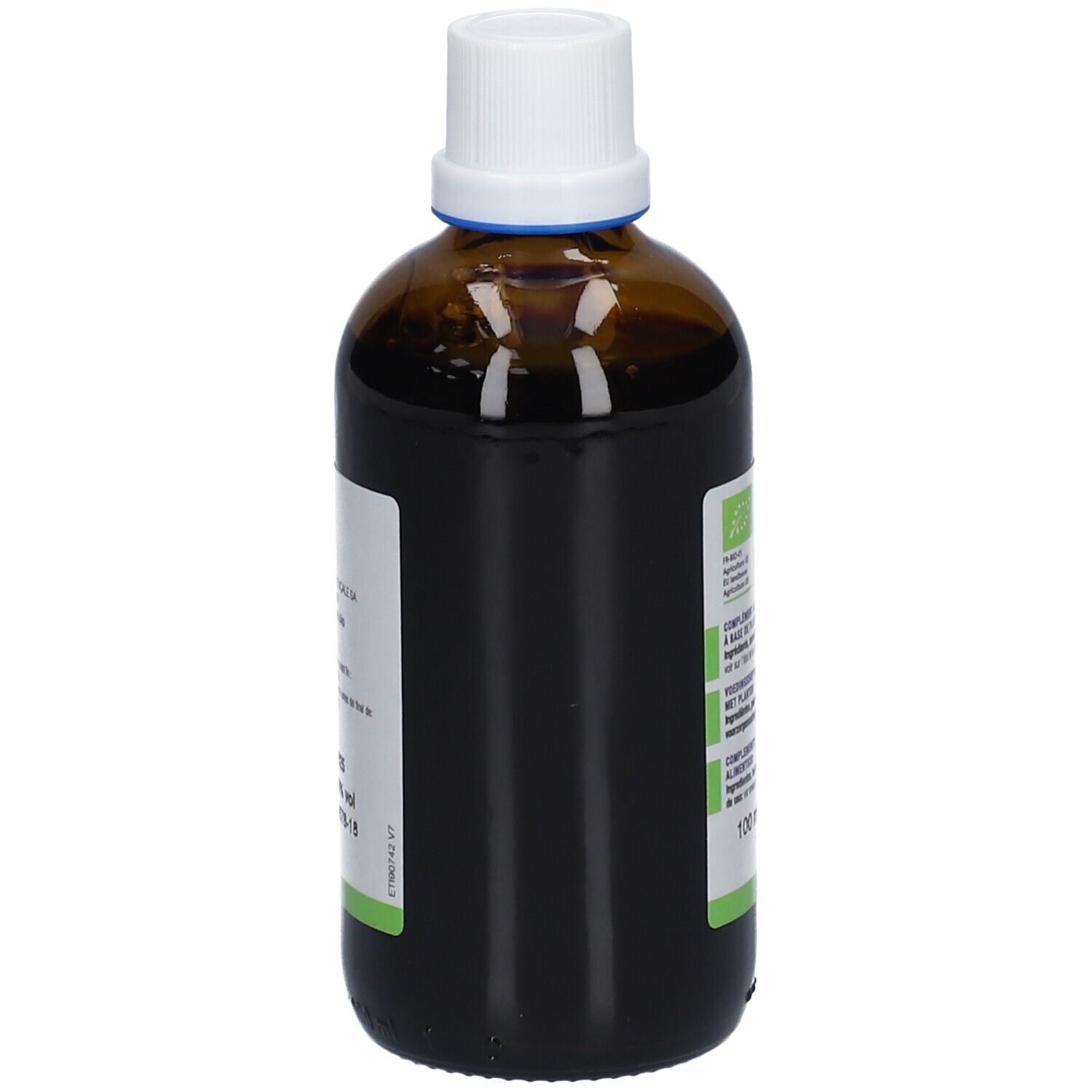 Flacon en verre brun avec bouchon blanc. Étiquette avec informations produit. Ladrôme Laboratoire.