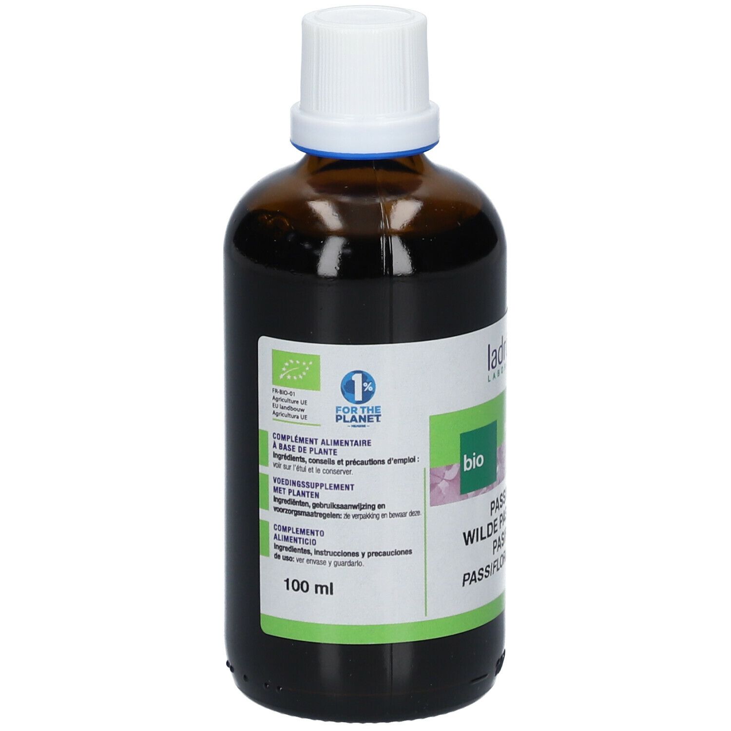 Flacon en verre brun avec bouchon blanc. Étiquette avec informations, label bio et 100 ml.