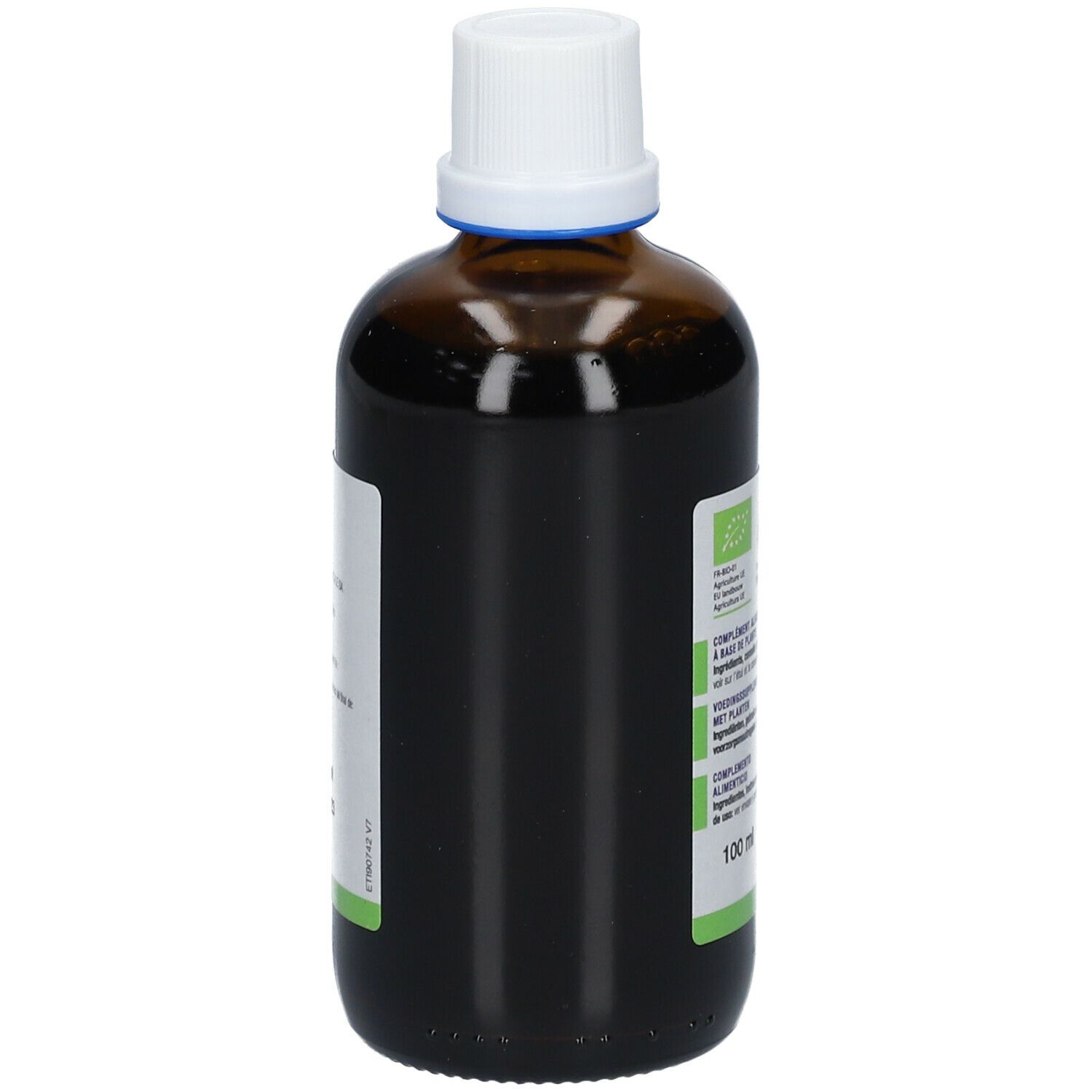 Flacon en verre brun avec bouchon blanc. Vue latérale avec étiquette et informations.