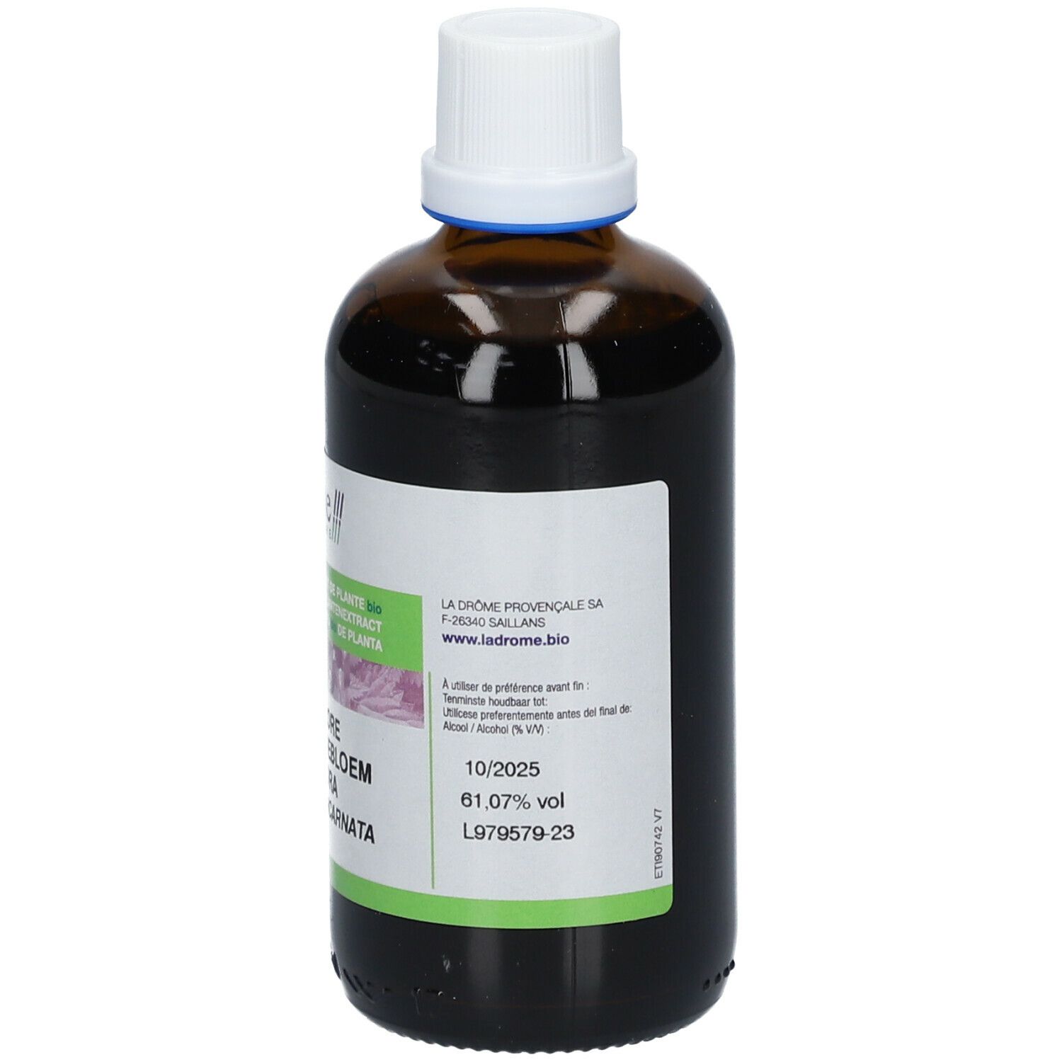 Flacon en verre brun avec bouchon blanc. Étiquette avec informations, 61,07% vol.