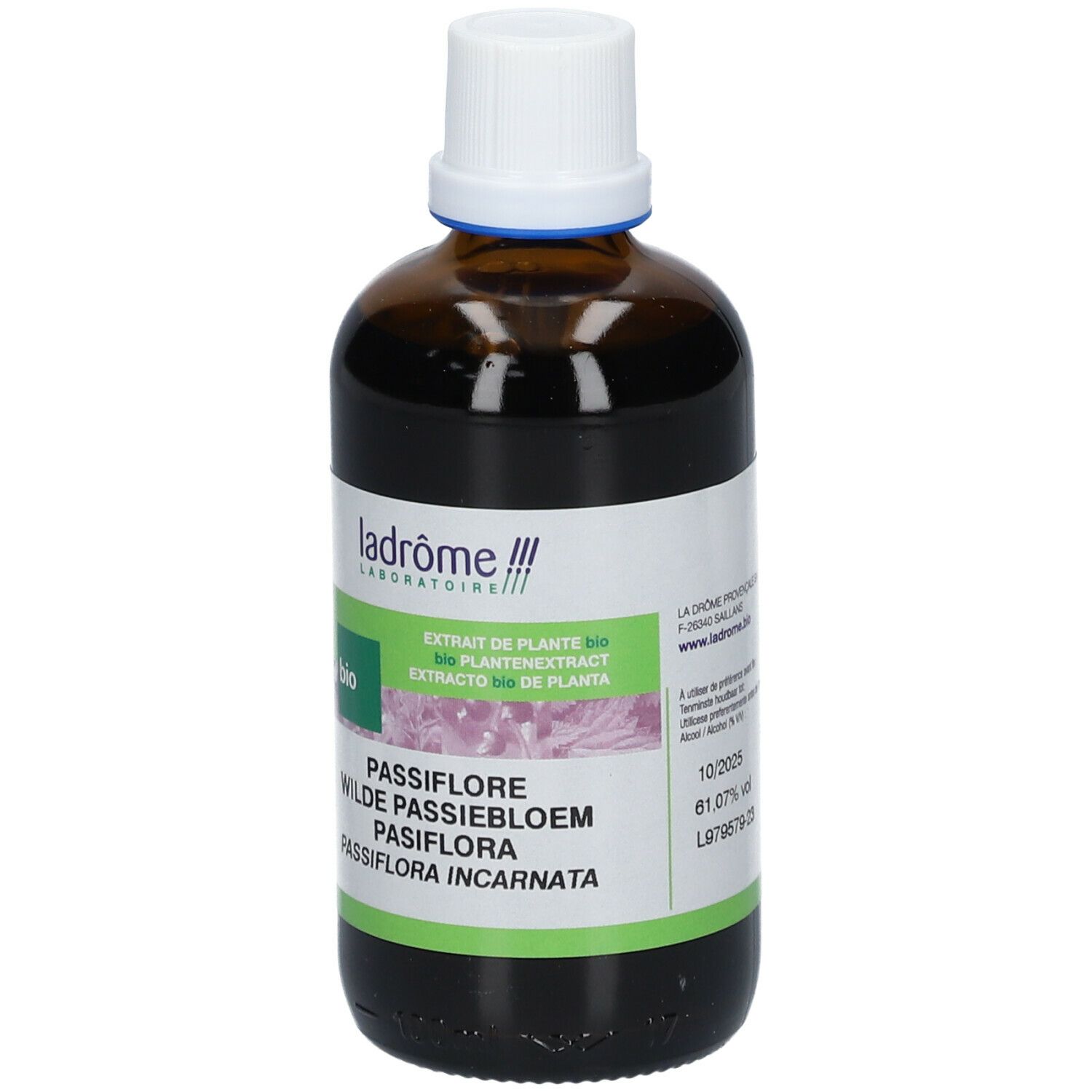 Flacon en verre brun avec bouchon blanc. Étiquette avec nom, label bio et informations.