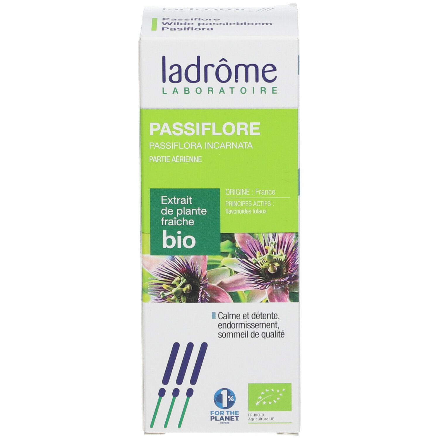 Emballage avec nom, label bio et illustration de fleur de la passion.