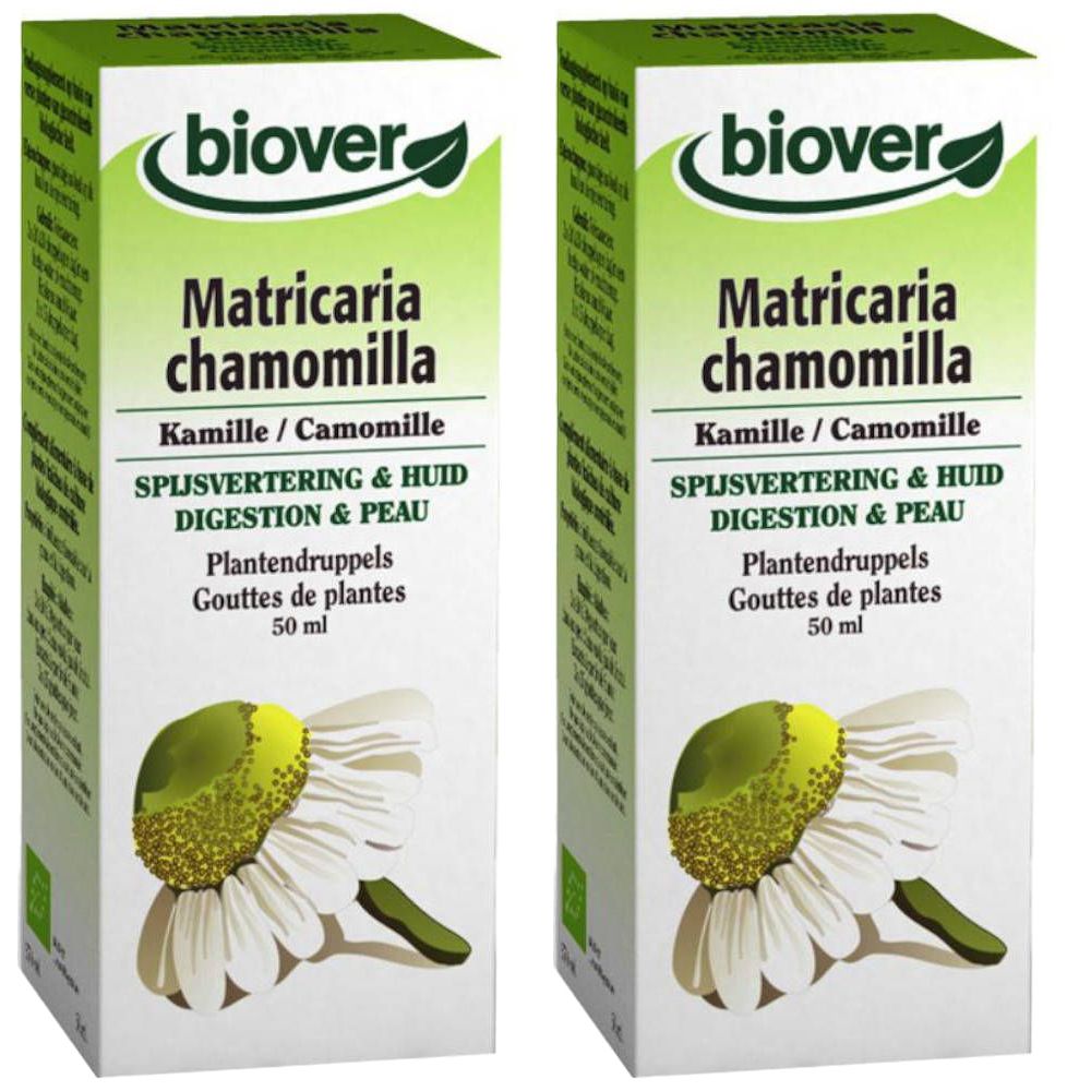 Deux boîtes de teinture mère Biover Kamille. Inscription: Matricaria chamomilla, digestion & peau, gouttes de plantes.