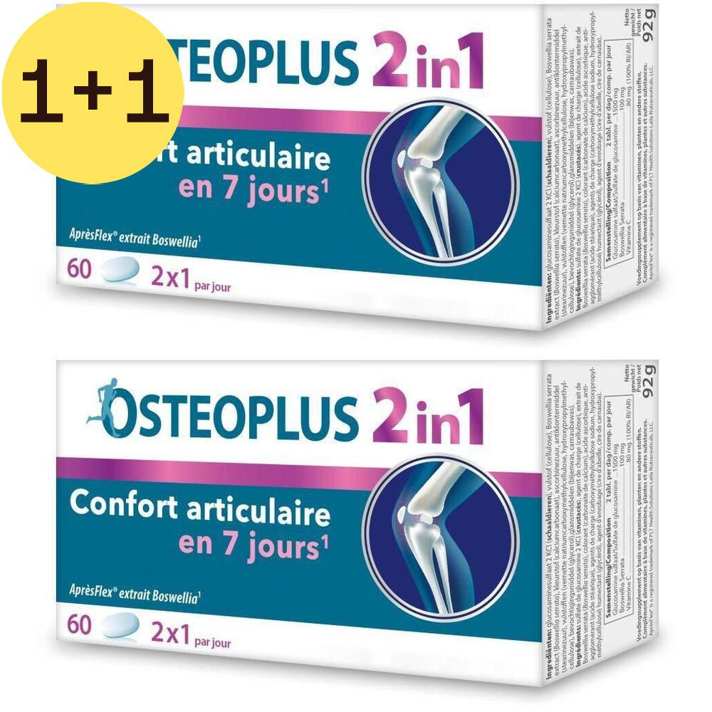 Deux boîtes d'Osteoplus 2in1. Inscription: Confort articulaire en 7 jours. 60 comprimés, 2x1 par jour.