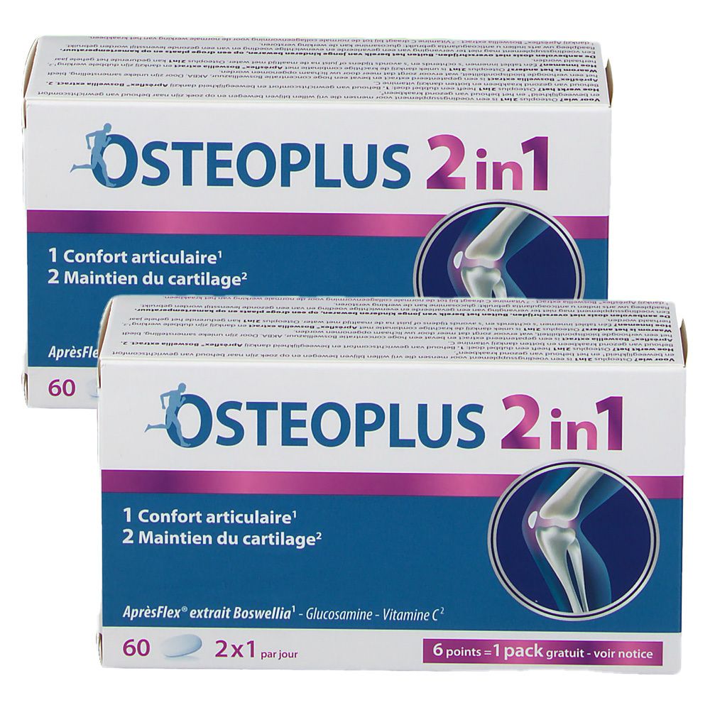 Deux boîtes d'Osteoplus 2in1. Inscription: 1 Confort articulaire, 2 Maintien du cartilage. 60 comprimés, 2x1 par jour.