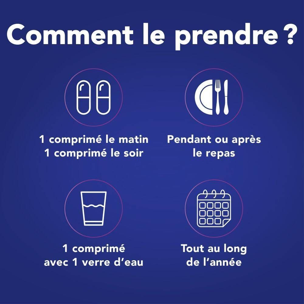 Instructions d'utilisation: 2 comprimés, matin et soir, avec de l'eau, pendant le repas, toute l'année.