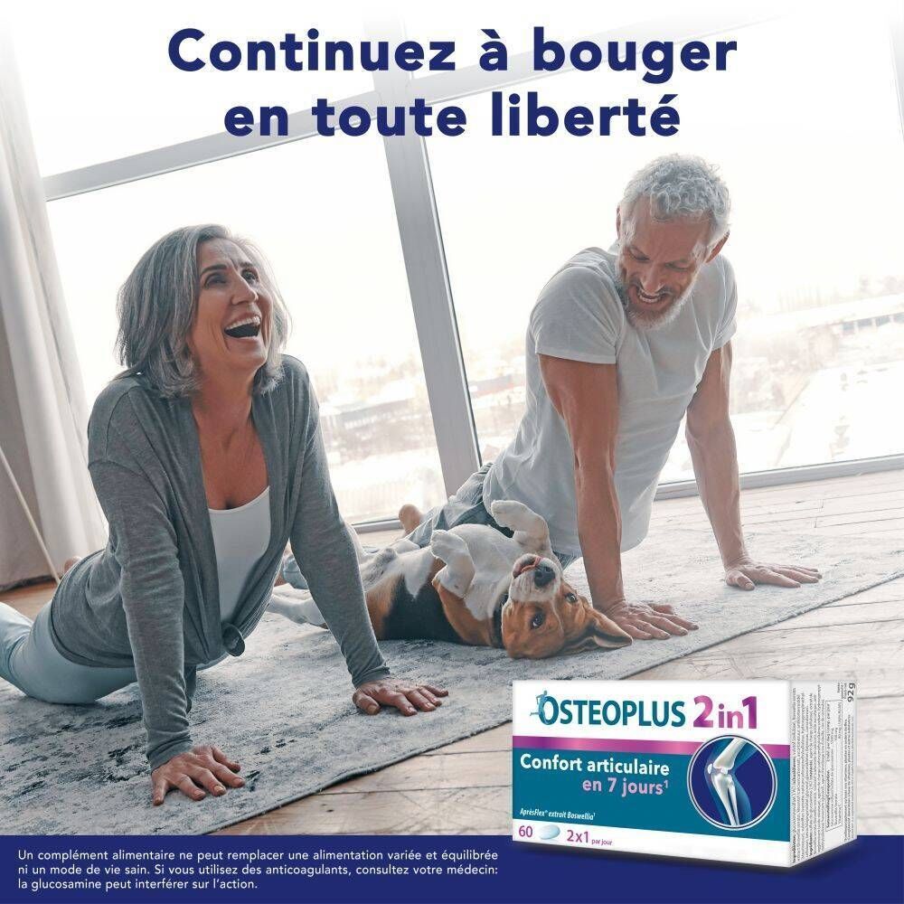 Couple âgé et chien faisant du yoga. Boîte Osteoplus 2in1. Texte: Confort articulaire en 7 jours.