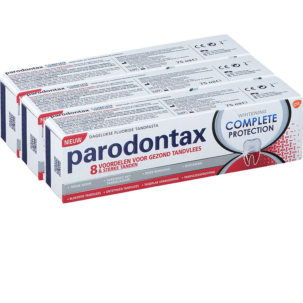 Plusieurs boîtes de dentifrice. Inscription : parodontax, Complete Protection Whitening. Emballage de 75 ml.