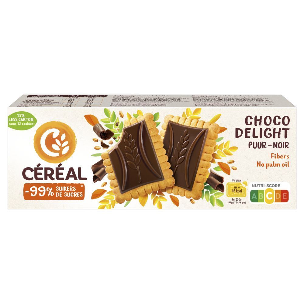 Boîte de biscuits Céréal Choco Delight, -99% de sucres. Contient Nutri-Score.