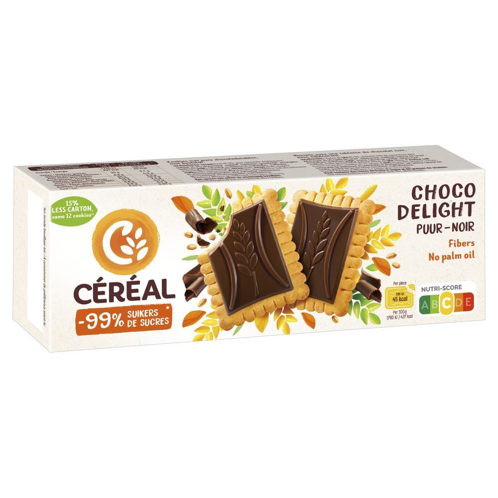 Boîte de biscuits Céréal Choco Delight, -99% de sucres. Contient Nutri-Score.