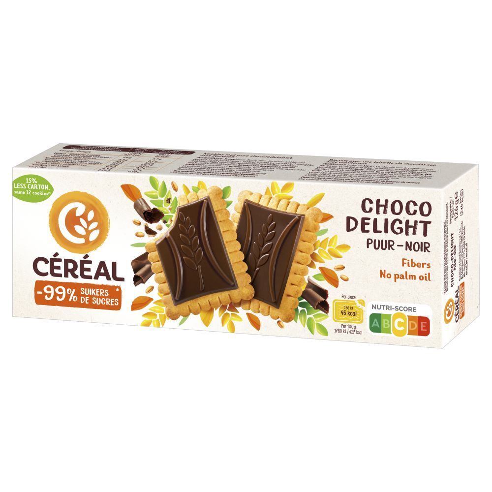 Boîte de biscuits Céréal Choco Delight, -99% de sucres. Contient Nutri-Score.