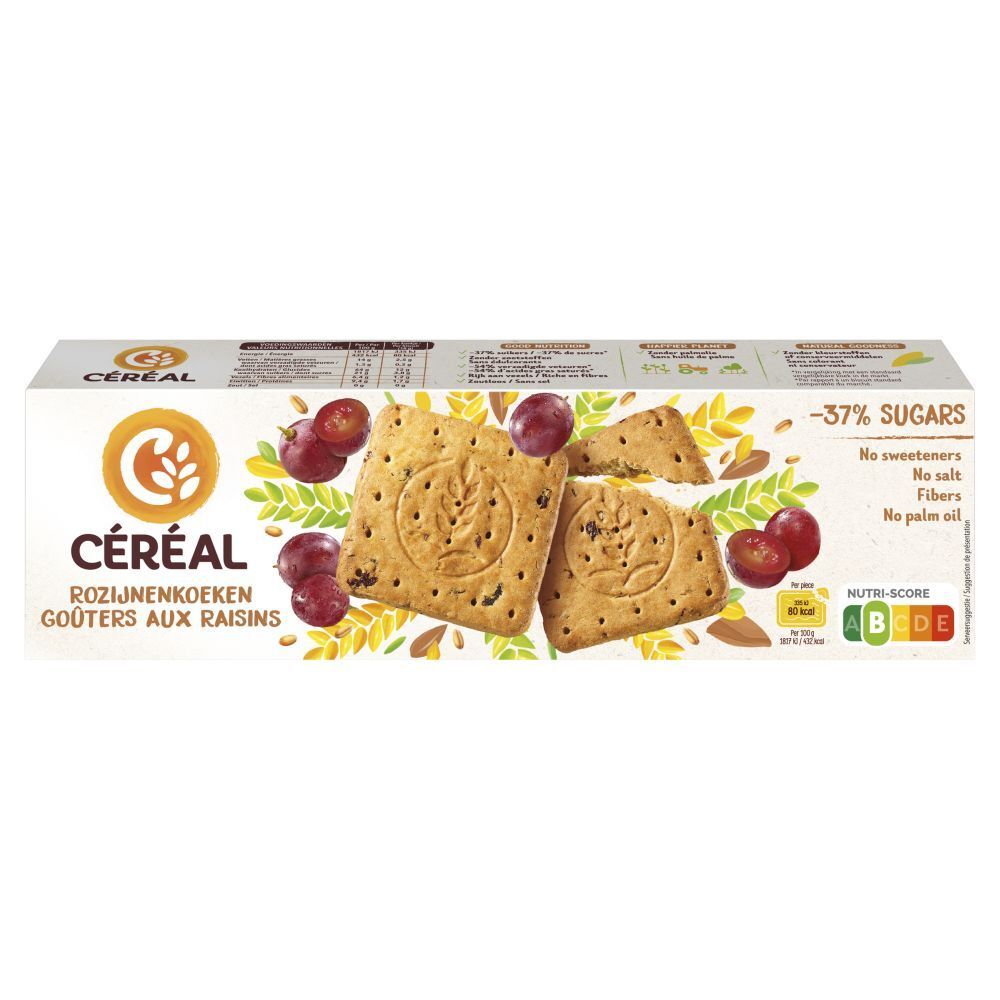 Boîte de biscuits CÉREAL, saveur raisins. Inscription: Rosijnenkoeken, Gouters aux Raisins. Avec raisins et Nutri-Score.