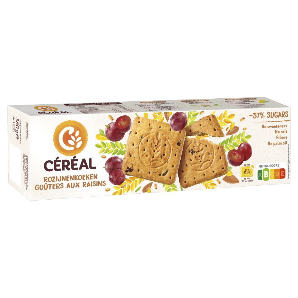 Boîte de biscuits CÉREAL, saveur raisins. Inscription: Rosijnenkoeken, Gouters aux Raisins. Avec raisins et Nutri-Score.
