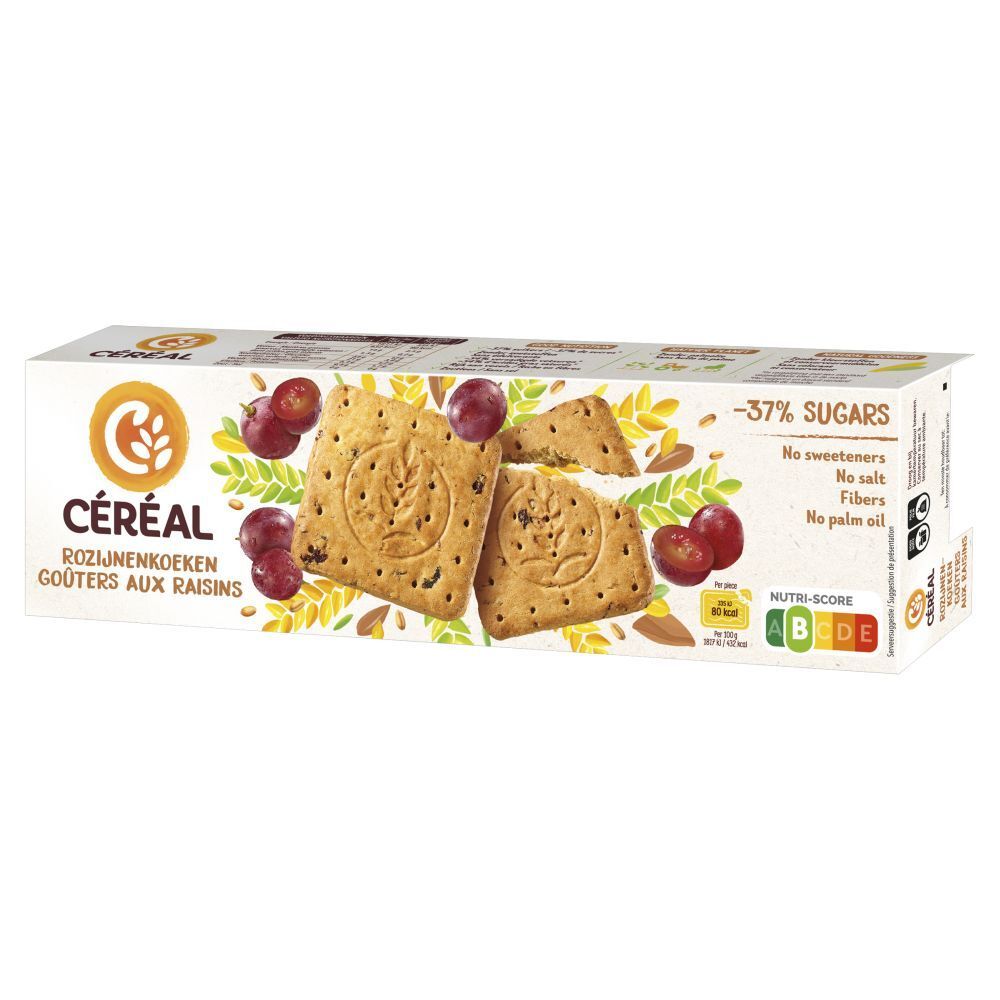 Boîte de biscuits CÉREAL, saveur raisins. Inscription: Rosijnenkoeken, Gouters aux Raisins. Avec raisins et Nutri-Score.