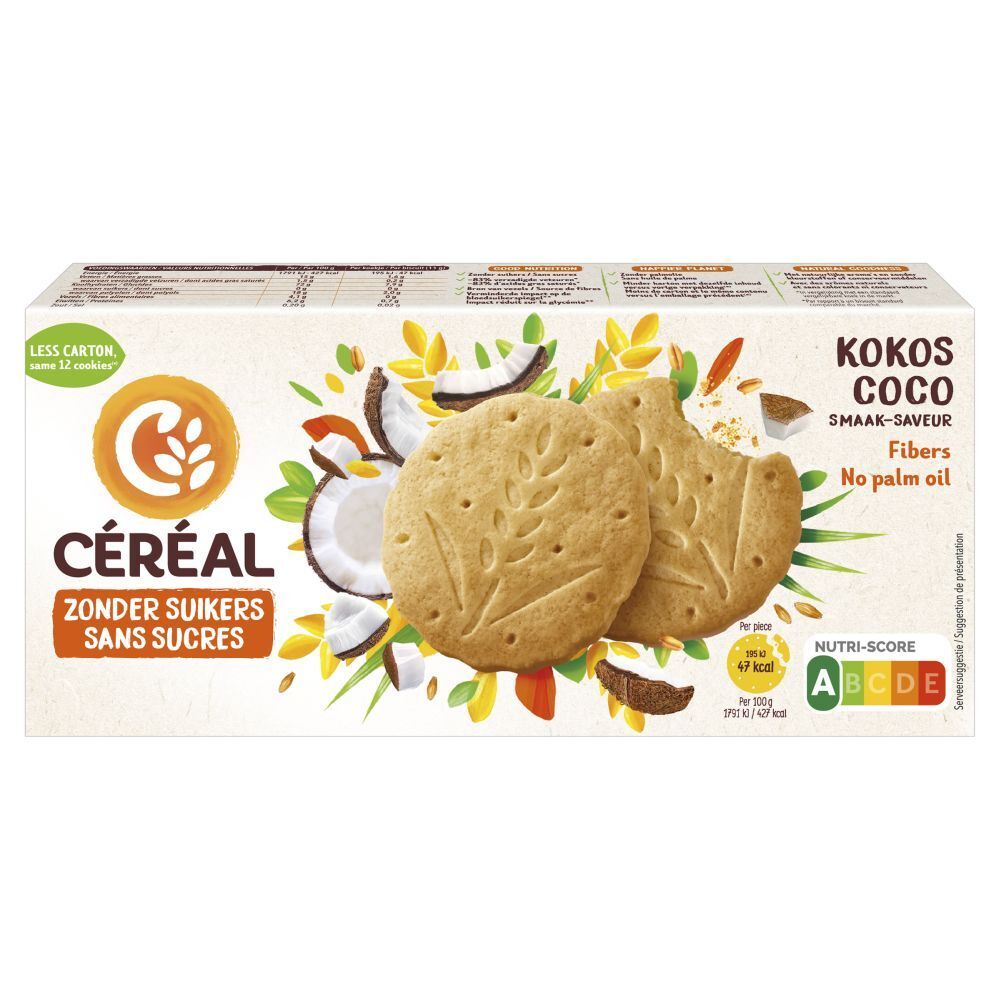 Boîte de biscuits CÉRÉAL Coco. Inscription : ZONDER SUIKERS, SANS SUCRES. Fibres, sans huile de palme. Logo Nutri-Score.