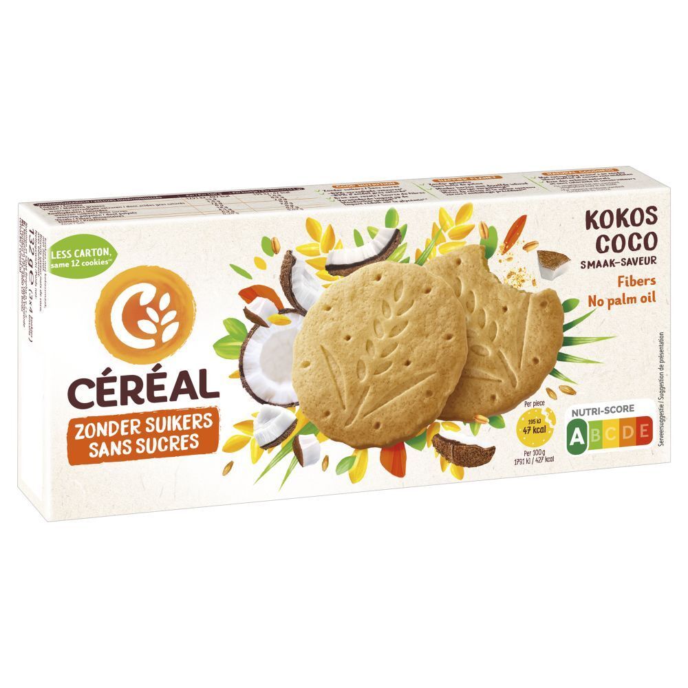 Boîte de biscuits CÉRÉAL Coco. Inscription : ZONDER SUIKERS, SANS SUCRES. Fibres, sans huile de palme. Logo Nutri-Score.