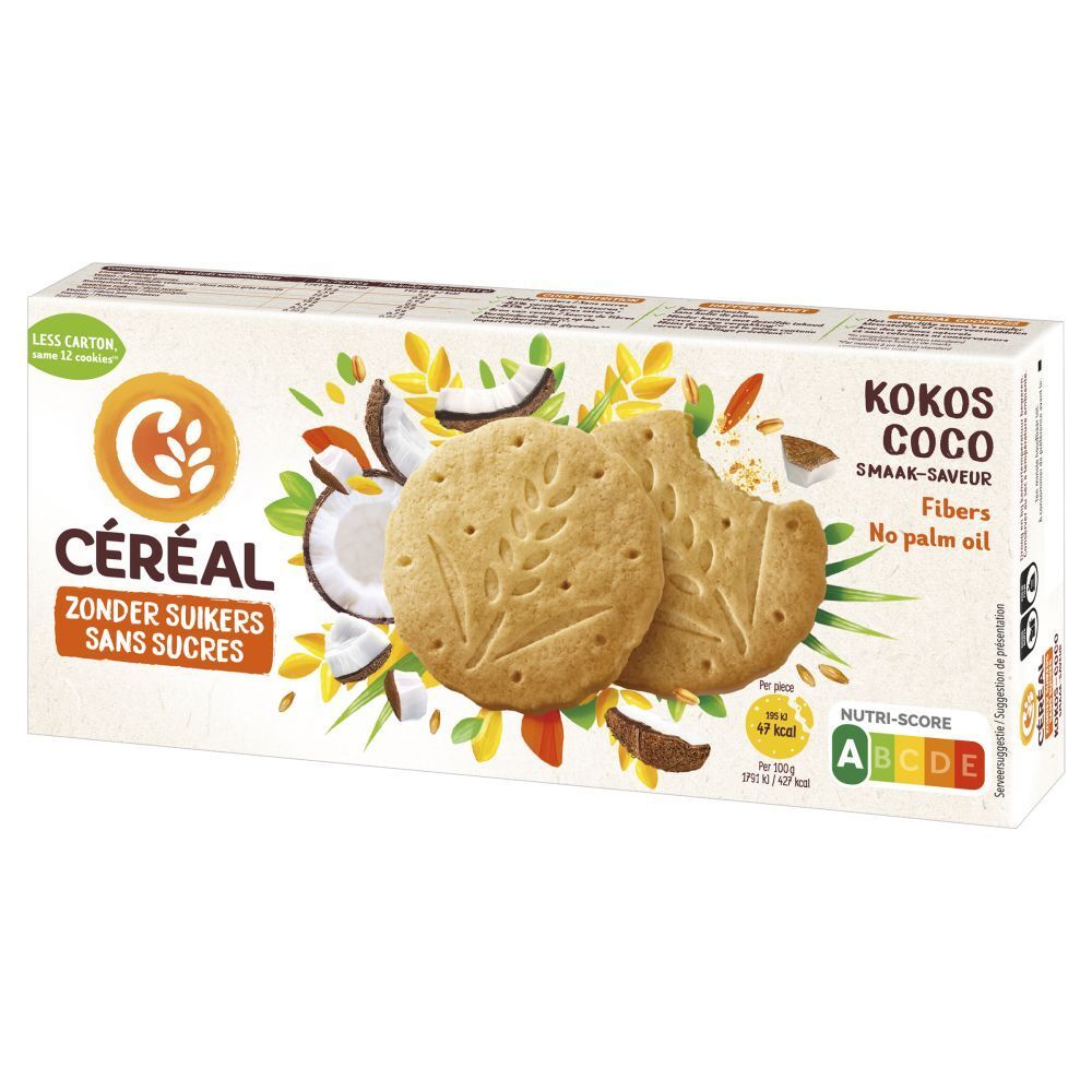 Boîte de biscuits CÉRÉAL Coco. Inscription : ZONDER SUIKERS, SANS SUCRES. Fibres, sans huile de palme. Logo Nutri-Score.