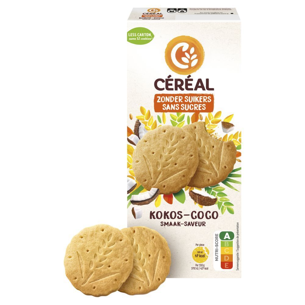 Boîte de biscuits CÉRÉAL Coco. Inscription : ZONDER SUIKERS, SANS SUCRES. Fibres, sans huile de palme. Nutri-Score.
