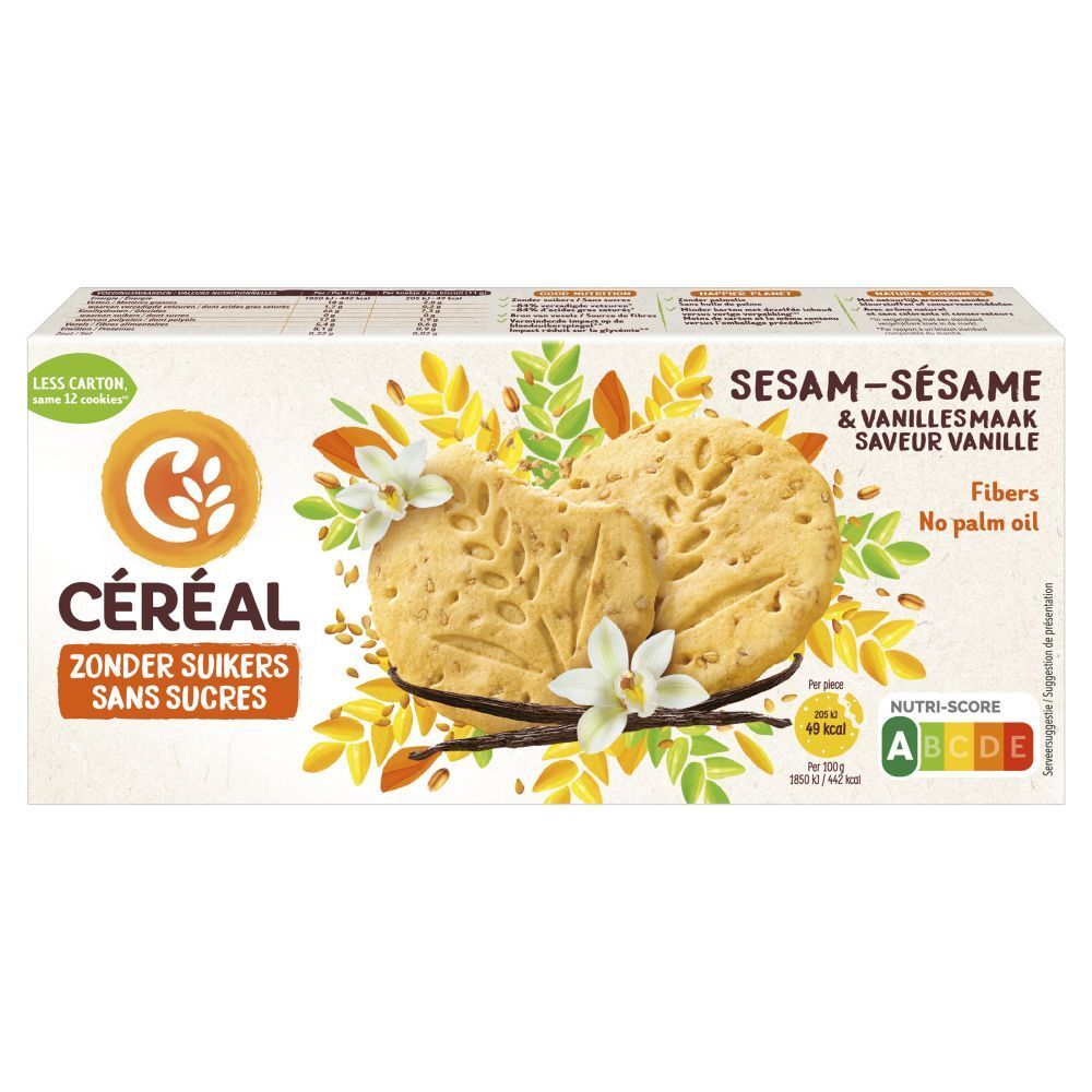 Boîte de Céréal Sesam-Sésame & Vanille. Biscuits, décor vanille et sésame. Label Nutri-Score.